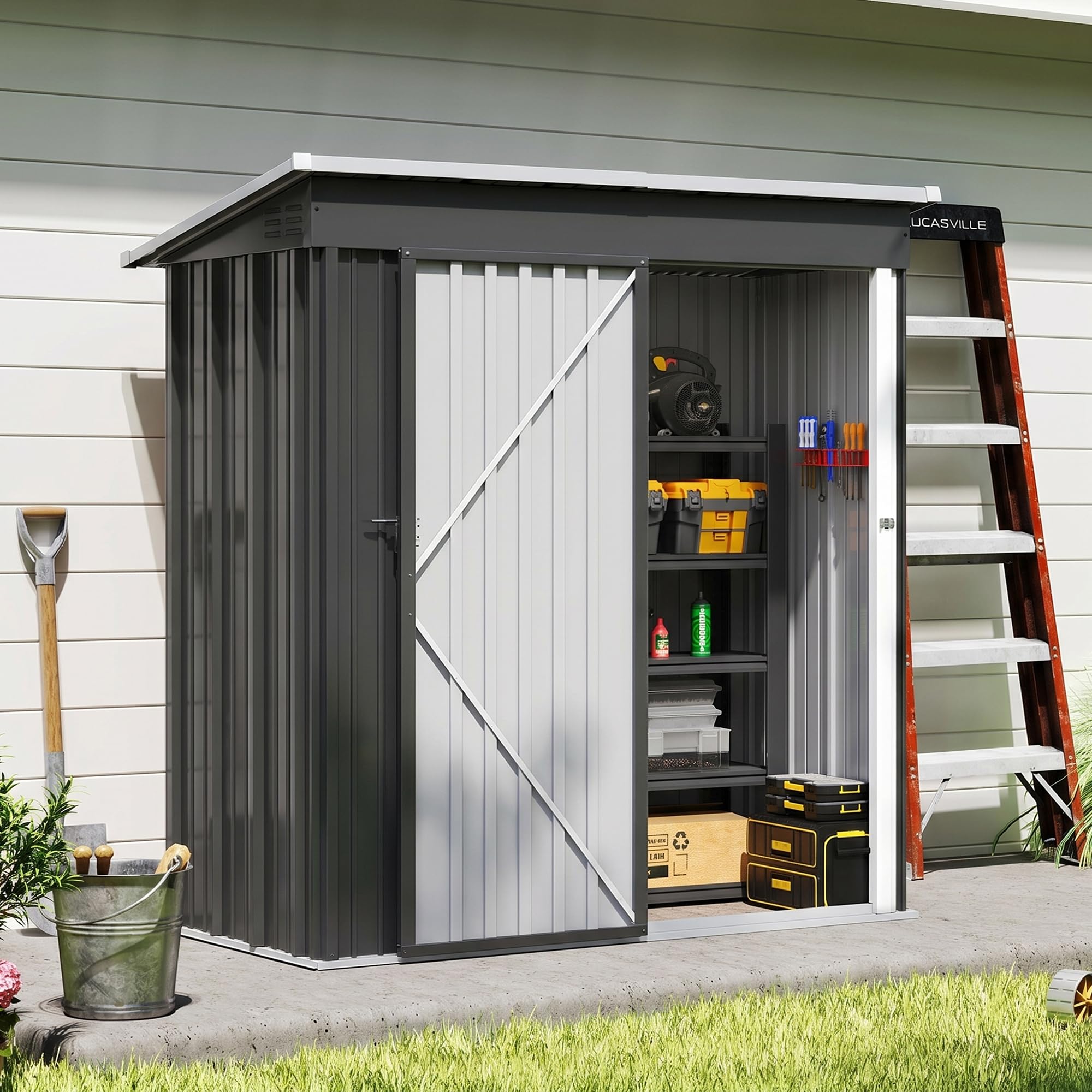 Amopatio Metal Garden Storage Shed 6x4 ft, Outdoor Tool Storage Shed 200x131x192 cm, BikeShed Waterproof with Lockable Door for Winter, Backyard, Patio, Garbage Bin, Tools, Black — view 11