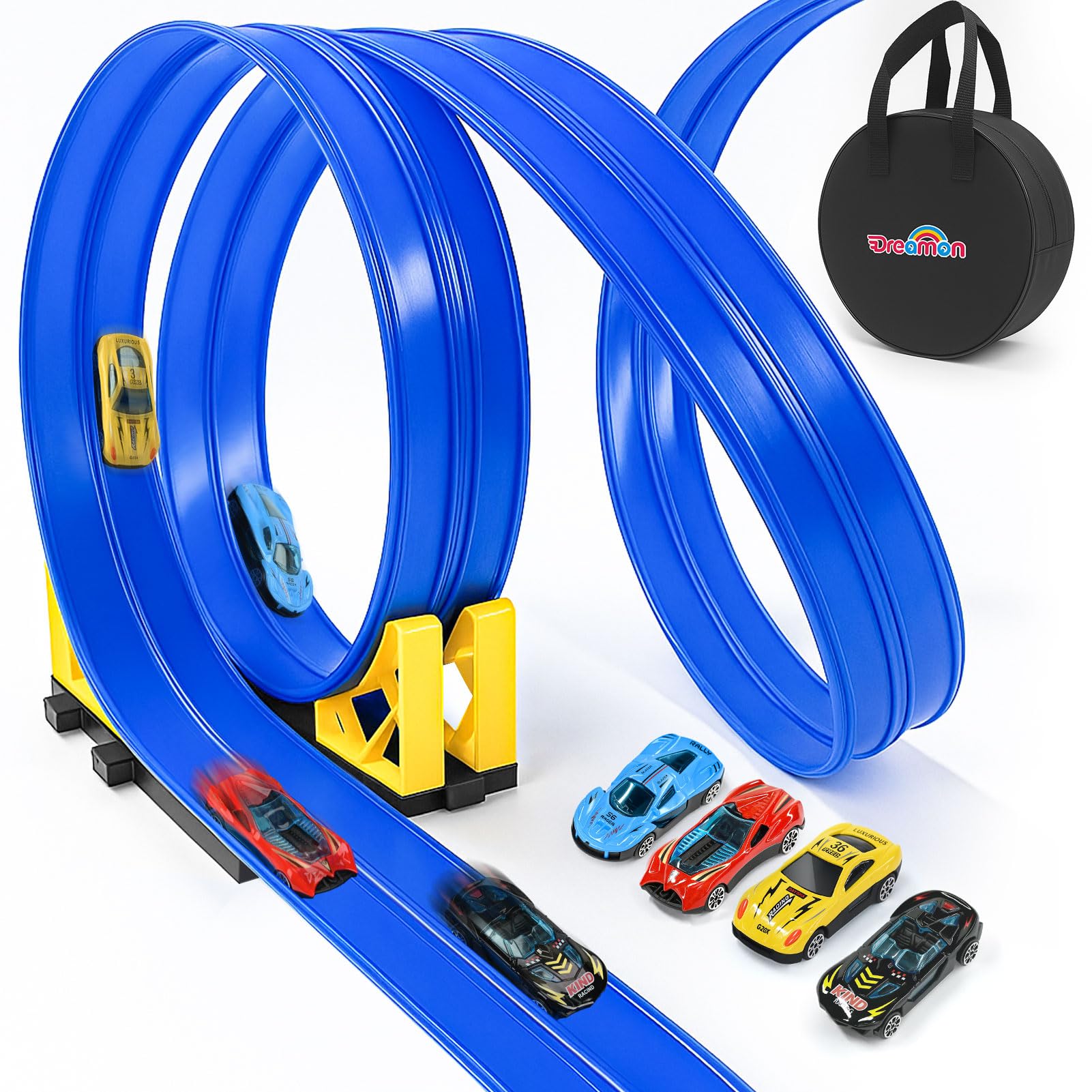 Dreamon Piste Macchinine per Bambini 3 4 5 6 7 Anni - 5 Metri - 4 Auto In Lega Rampe Borsa Portaoggetti Regalo per Bambino e Bambine