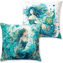 Green Mermaid Coastal Beach Pillow Covers 18x18, Ocean Room Decor, Watercolor Mermaid Sea Life Decorative Throw Pillow Covers for Couch Sofa Bedroom Living Room Home, Set of 2