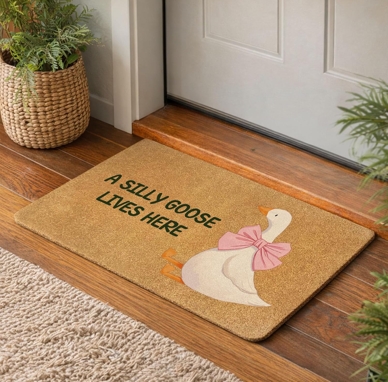 Silly Goose Door Mat 3017" Faux Coir Non-Slip Welcome Mat, Cute Indoor Outdoor Entry Rug, Dirt-Trapping Durable Doormat, Housewarming for Goose Lovers