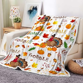 JAWO Thanksgiving Day Blanket, Happy Thanksgiving Turkey Throw Gobble Fall Pumpkin Leaves Pattern Cozy Bed Couch Blanket, Soft Comfy Fleece Flannel Throws Blankets Livingroom Bedroom Decor,White