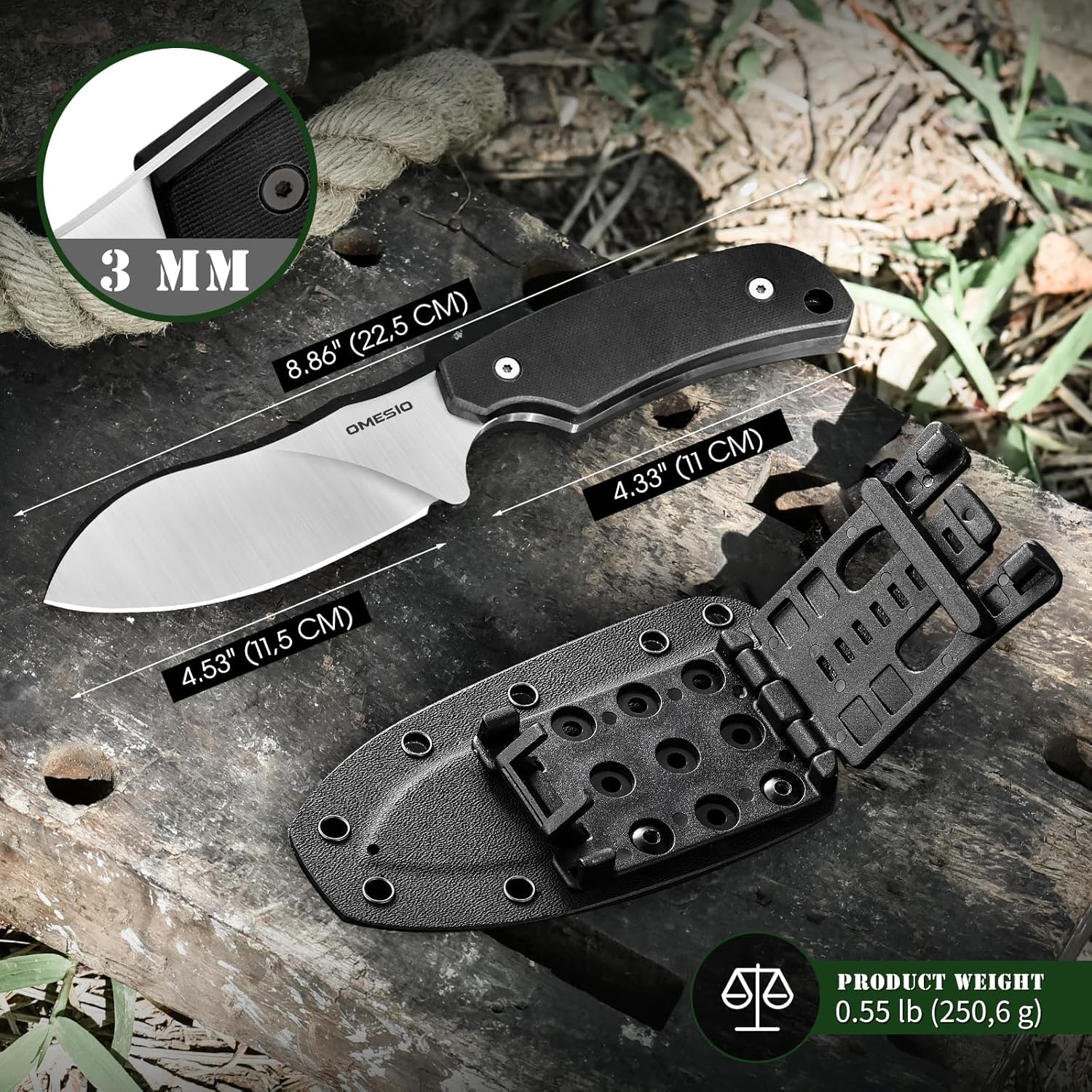 Omesio 2 Pieces Fixed Blade Knife Hunting Outdoor Knife with Kydex Sheath, Nessmuk Blade Full Tang D2 Steel G10 Handle