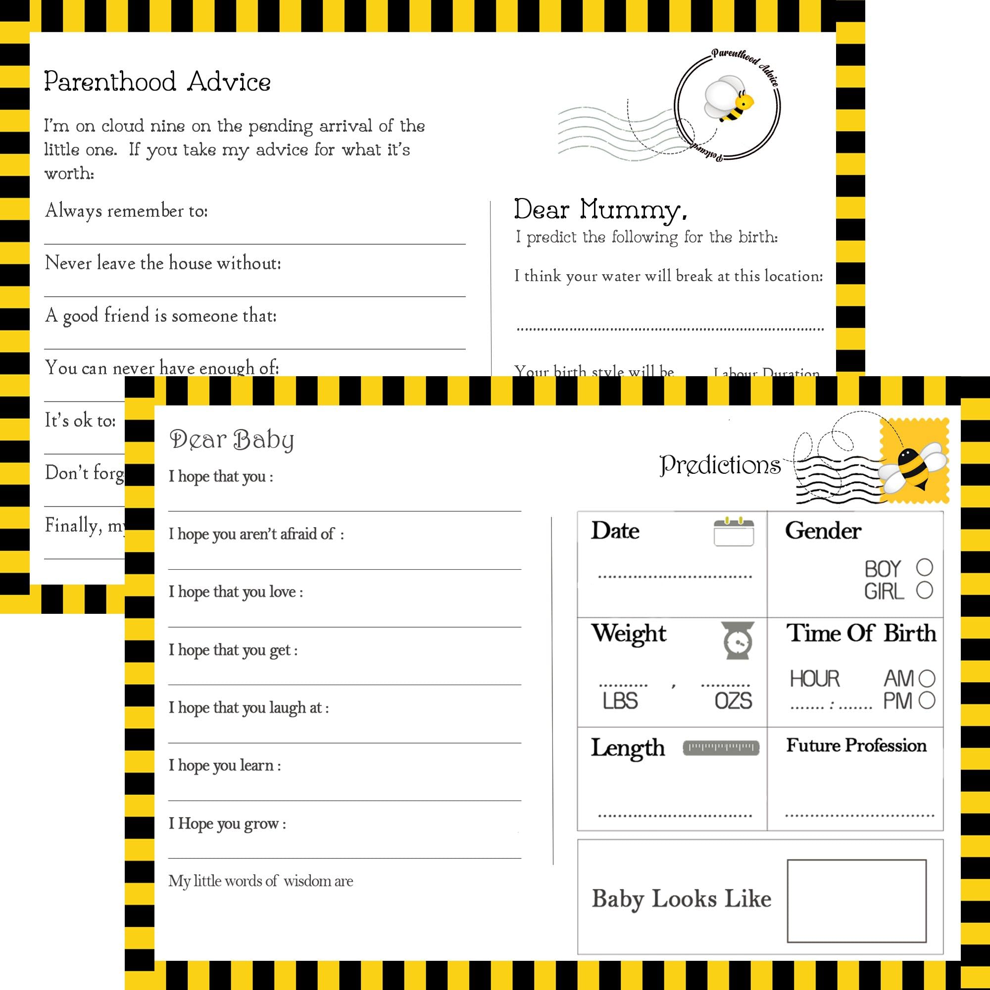 RUSTIC ROBIN RR Designs Bumble Bee Parent & Baby Predictions, Wishes & Advice Cards For a Baby Shower Party Game Keepsake Activity Unisex, Neutral