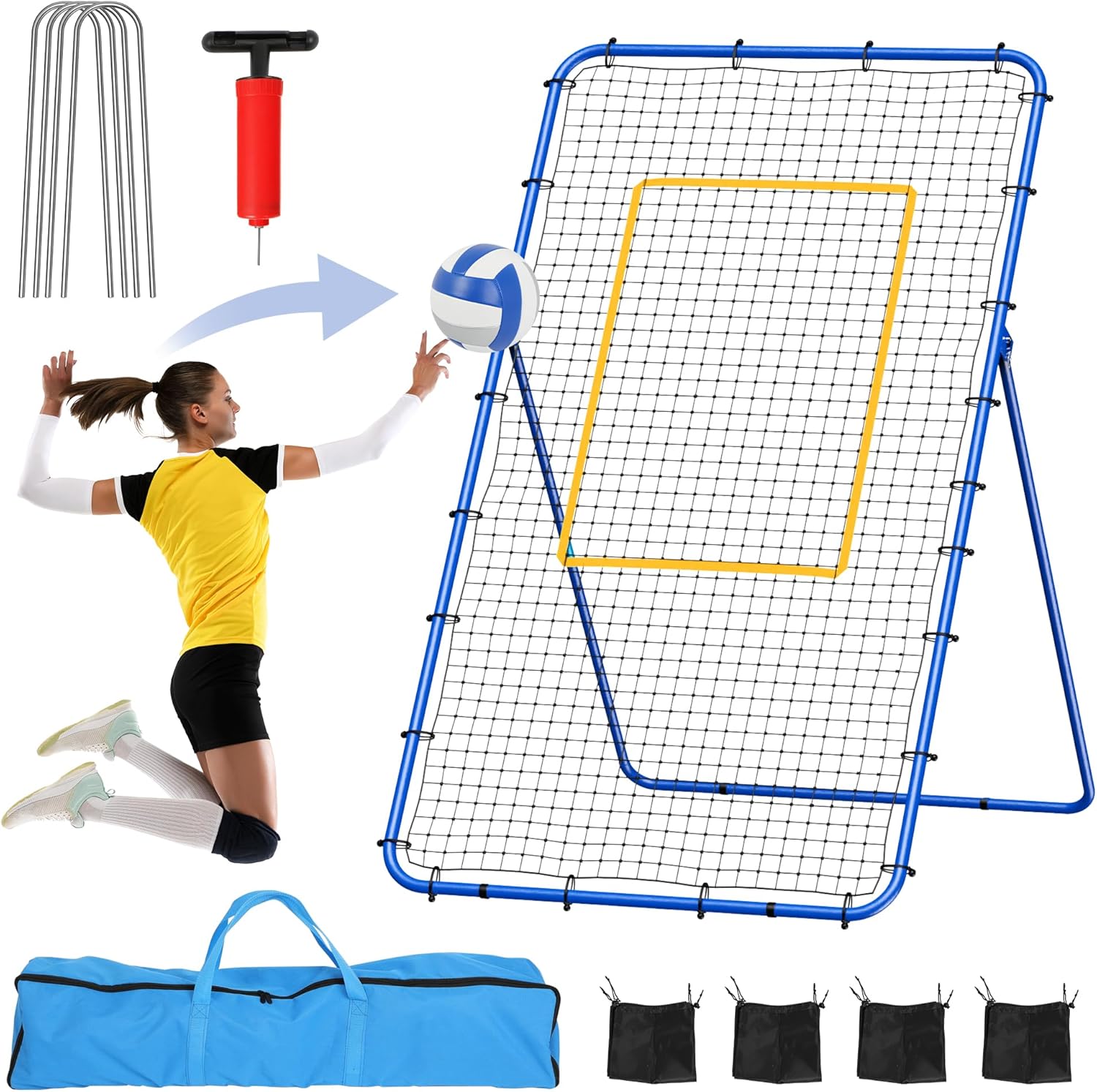 Volleyball Rebounder Net 7x4FT with Adjustable Angles for Spiking, Bumping, Passing | Foldable Training Net with Dual-Bar Frame, Ground Stakes & Carry Bag for Indoor Outdoor Volleyball Practice