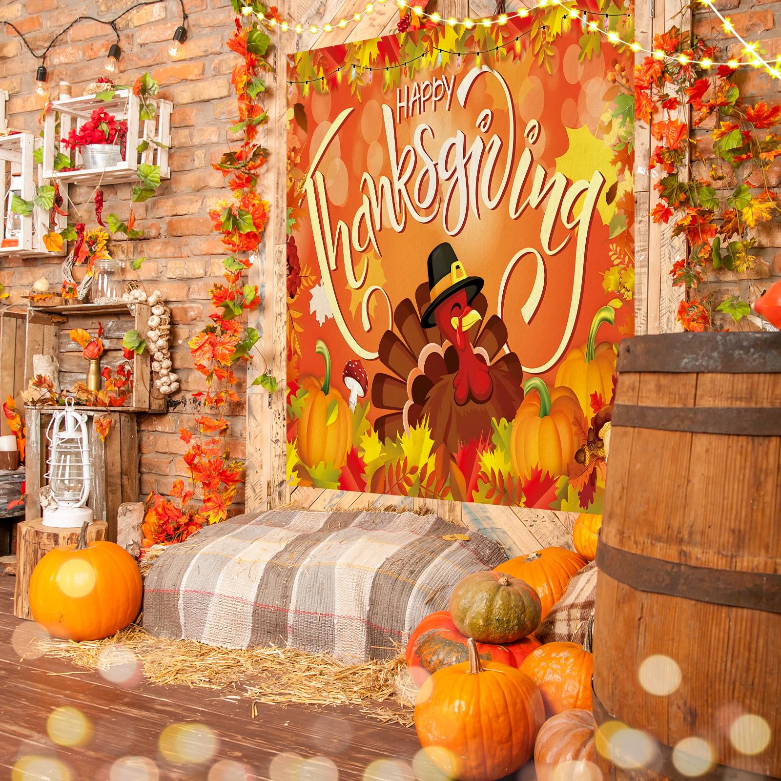 SJOLOON Autumn Backdrop Fall Pumpkin Harvest Photo Backdrop Thanksgiving Day Backdrop Barn Door Maple Leaf Backdrops For Photography Studio Props12457 (10x8FT