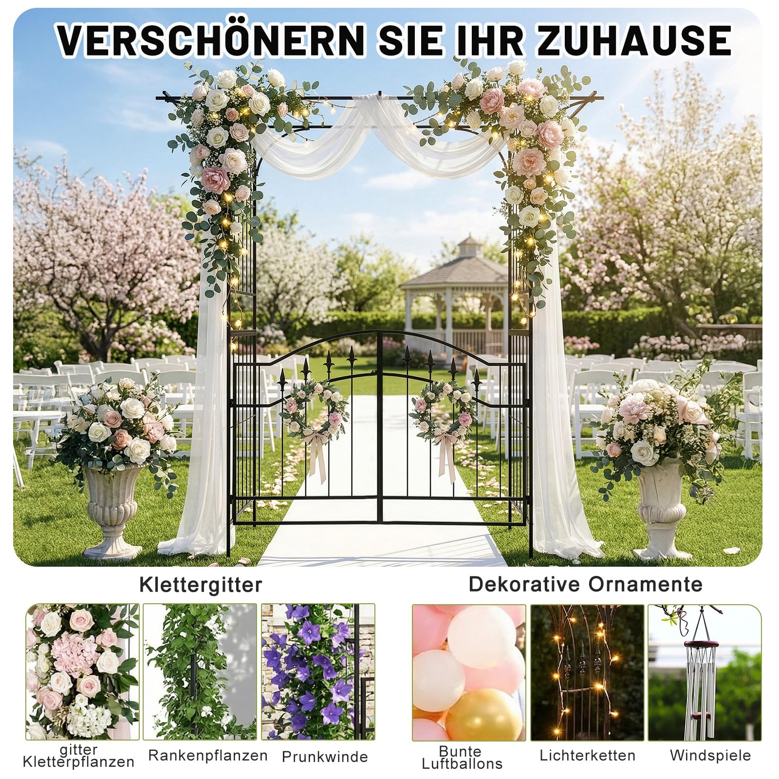 Rosenbogen mit Tür in Schwarz - Rosenbogen aus Metall stabil 179 × 51 × 208 cm, Einzigartige und Elegante Flachdachkonstruktion, Rankgitter geeignet für Kletterpflanzen