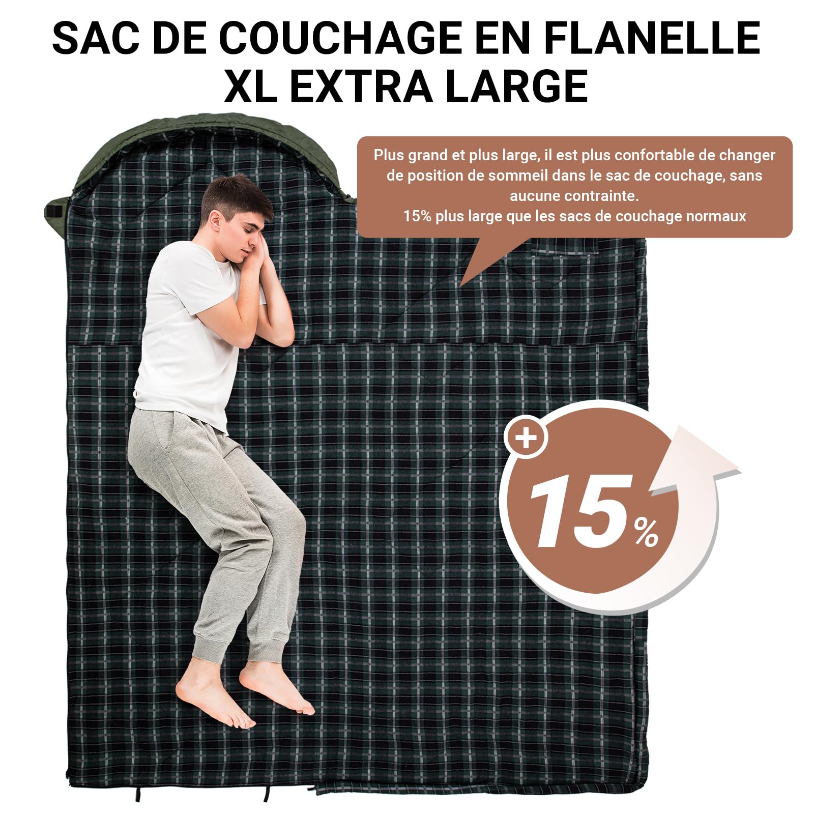 KingCamp Saco de Dormir Adulto XXL de Franela de Algodón, 230 x 90 cm, Cálido, para 3 o 4 Sstaciones, para Acampar y Viajes, con Capucha y Saco de Compresión.