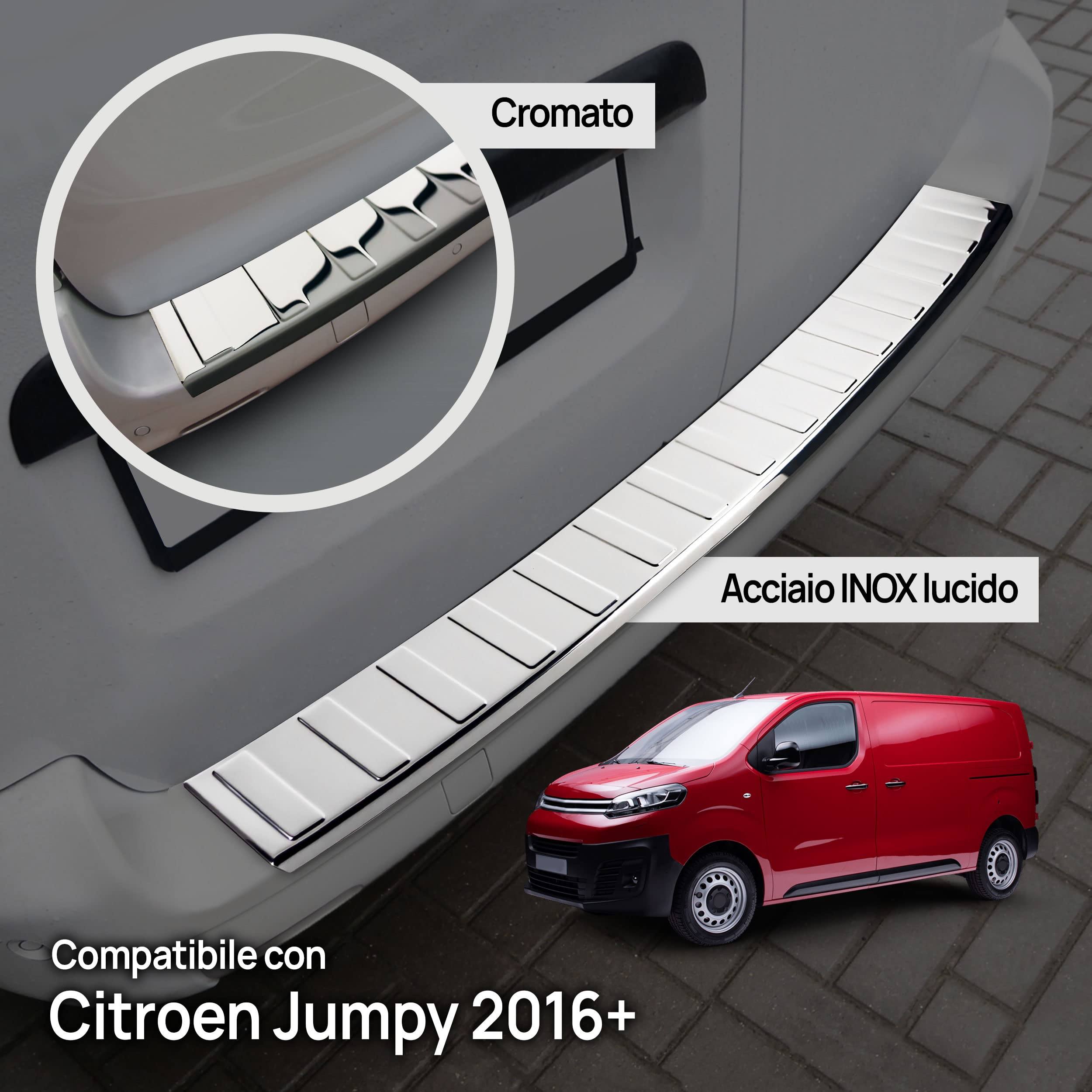 CHROMEMASTER | Protezione paraurti Posteriore | Compatibile con Citroen Jumpy dal 2016 | Acciaio INOX lucido/cromo | Protezione paraurti protegge la vernice del paraurti dai graffi
