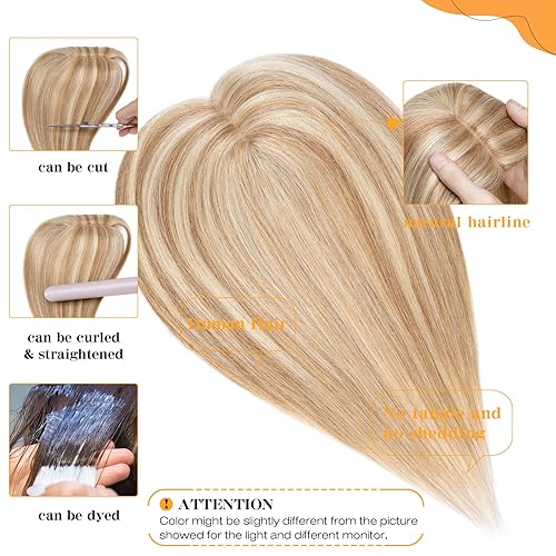 Miniatura 3 de S-noilite Toppers para el cabello humano real para mujer, sin flequillo, #12P613 marrón dorado y rubio decolorado, extensiones de cabello de 6