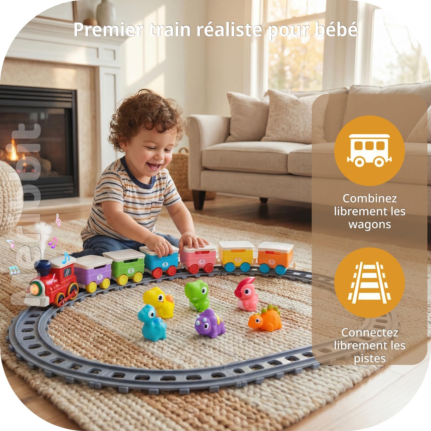 Train Enfant avec Rails, Lumière & Effet Vapeur, Marionnettes à Doigts Dinosaures, Jouets Montessori Sensoriels, Jeu Éducatif pour Enfant 2 Ans, Cadeau 1-3 Ans Fille Garçon