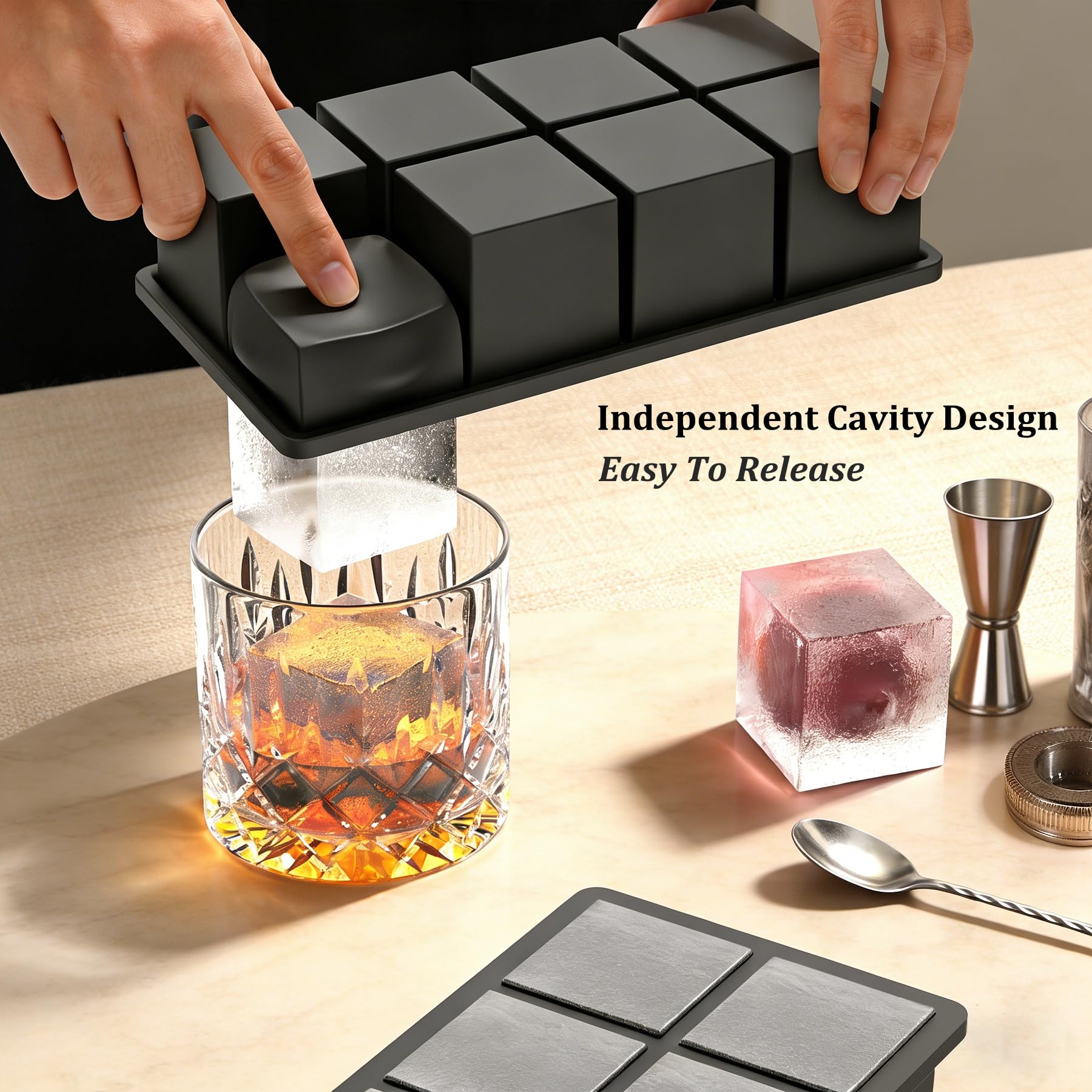 Bangp Eiswürfelformen aus Silikon (2er-Set), metallverstärkter Rahmen, große quadratische Eiswürfelform mit Deckel, leicht zu lösen, für 16 riesige Eiswürfel für Whiskey-Cocktails