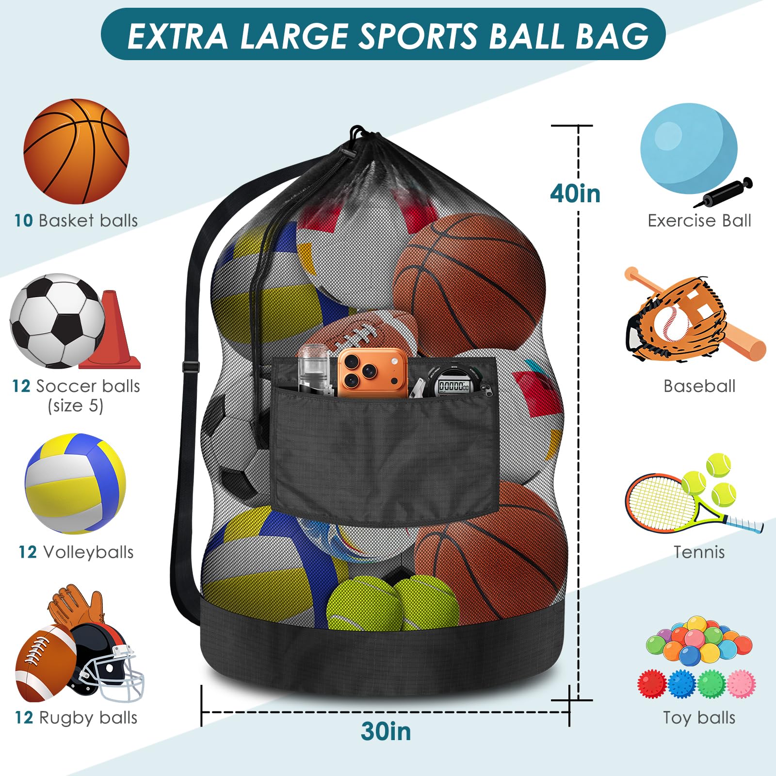 BROTOU Heavy Duty Soccer Ball Net Bag Drawstring Mesh Ball Bag with Zipper Pocket, Sports Equipment Storage Organizer Hold for Gym, Cloth, Beach, Swimming Gears (1pc-Durable Upgrade)