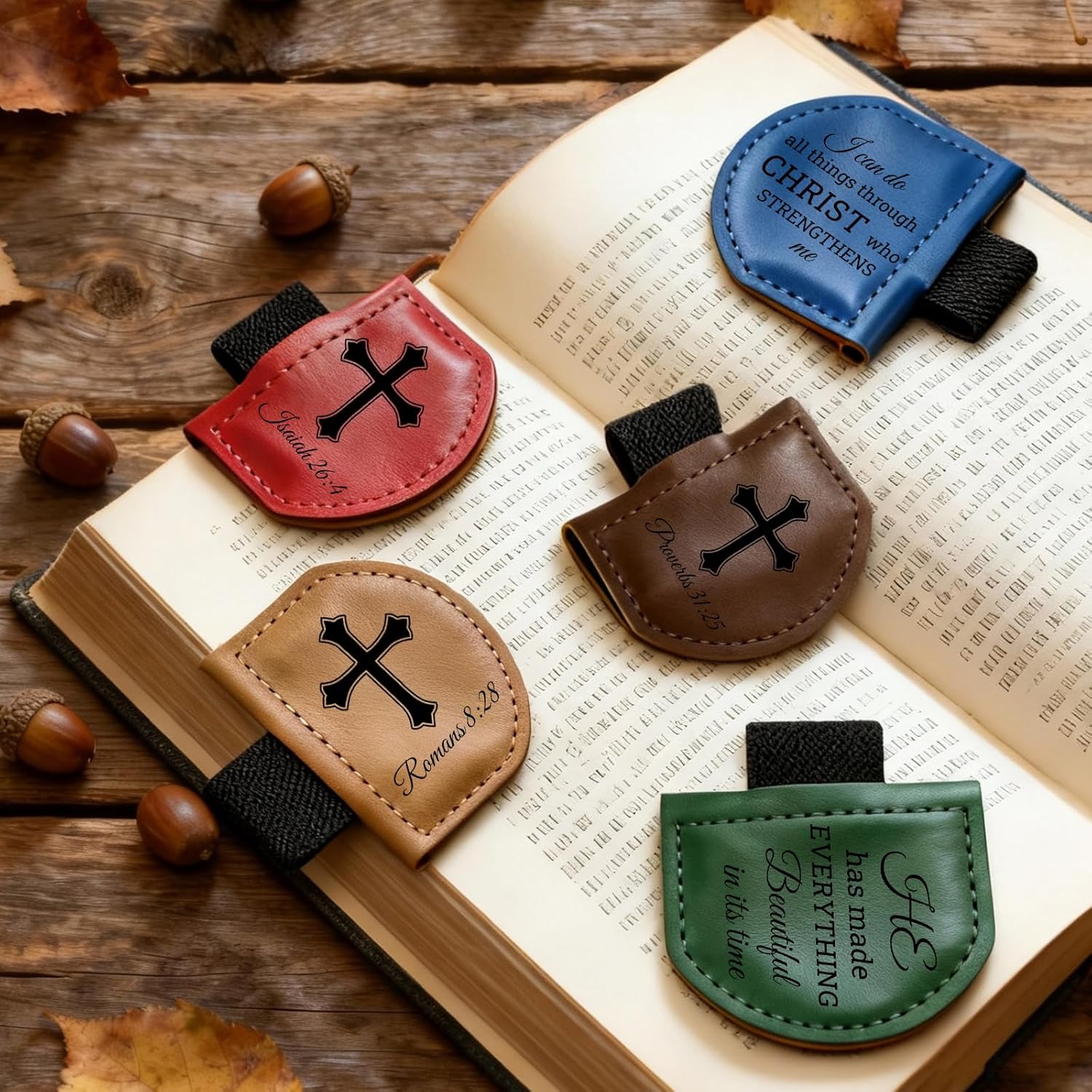 Bygone Mark Personalized Magnetic Leather Bookmark with Pen Holder - Inspirational Bible Verse Scripture Design, Custom Book Marker for Book Lovers Men Women (Red-Philippians 4:13) - Image 3