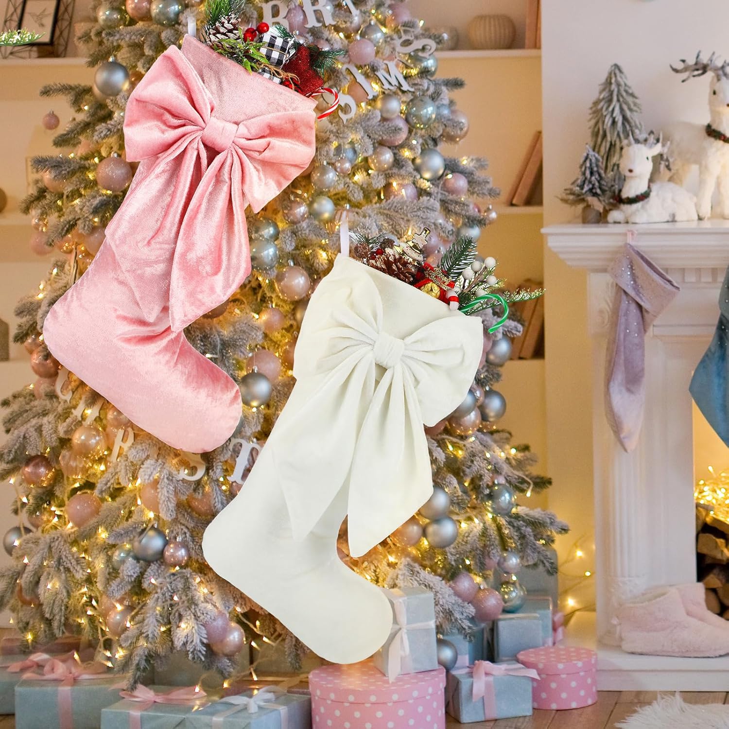 Seematn 2 Pack Bow Christmas Stockings, 18 Inches Pink White Velvet Christmas Stocking Coquette Luxury Xmas Hanging Socks Decoration for Tree Fireplace Mantel Party Elegant Holiday Decor - Image 6