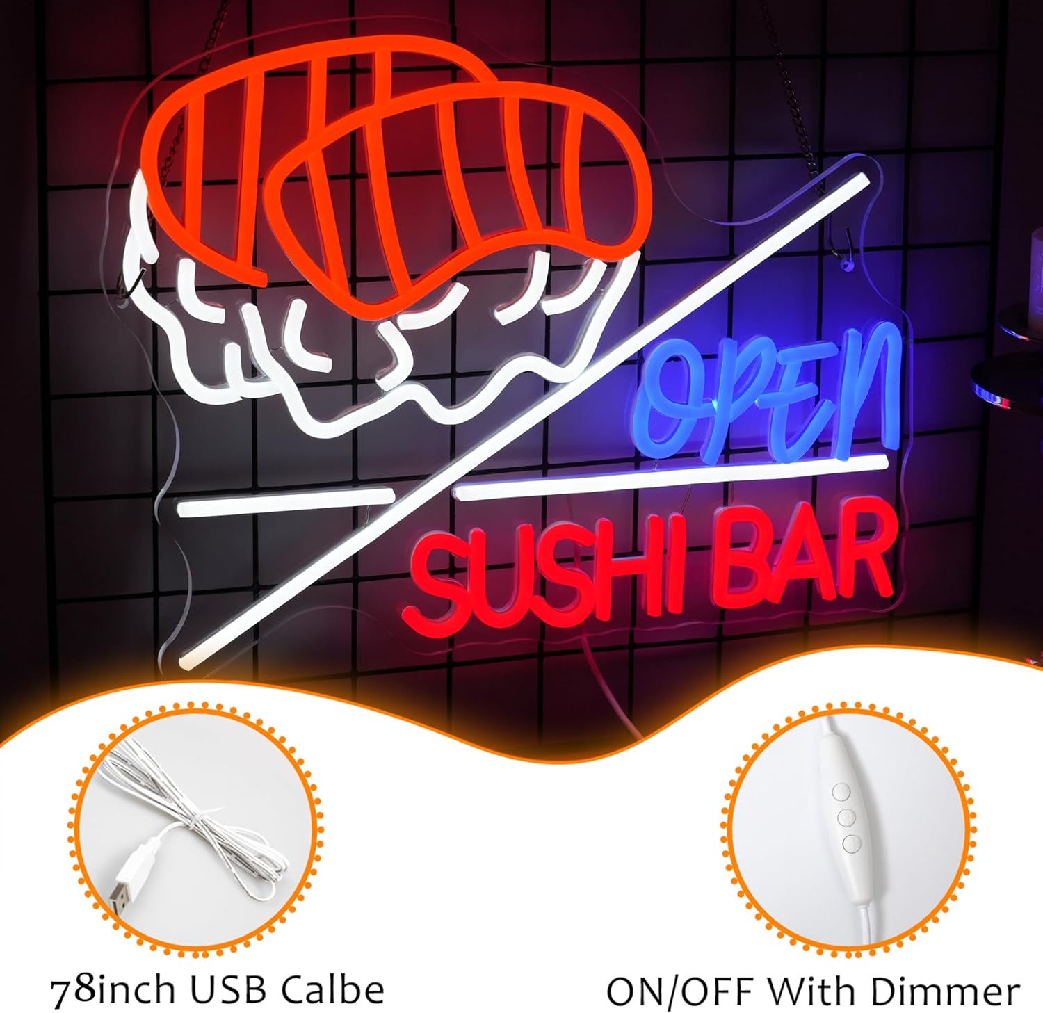LISIGNVE Sushi Bar Open Neon Sign Led Open Sign for Wall Decor Sushi Bar Neon Light for Japanese Restaurant Shop Snack Food Street (16.5 * 12.6 Inch)