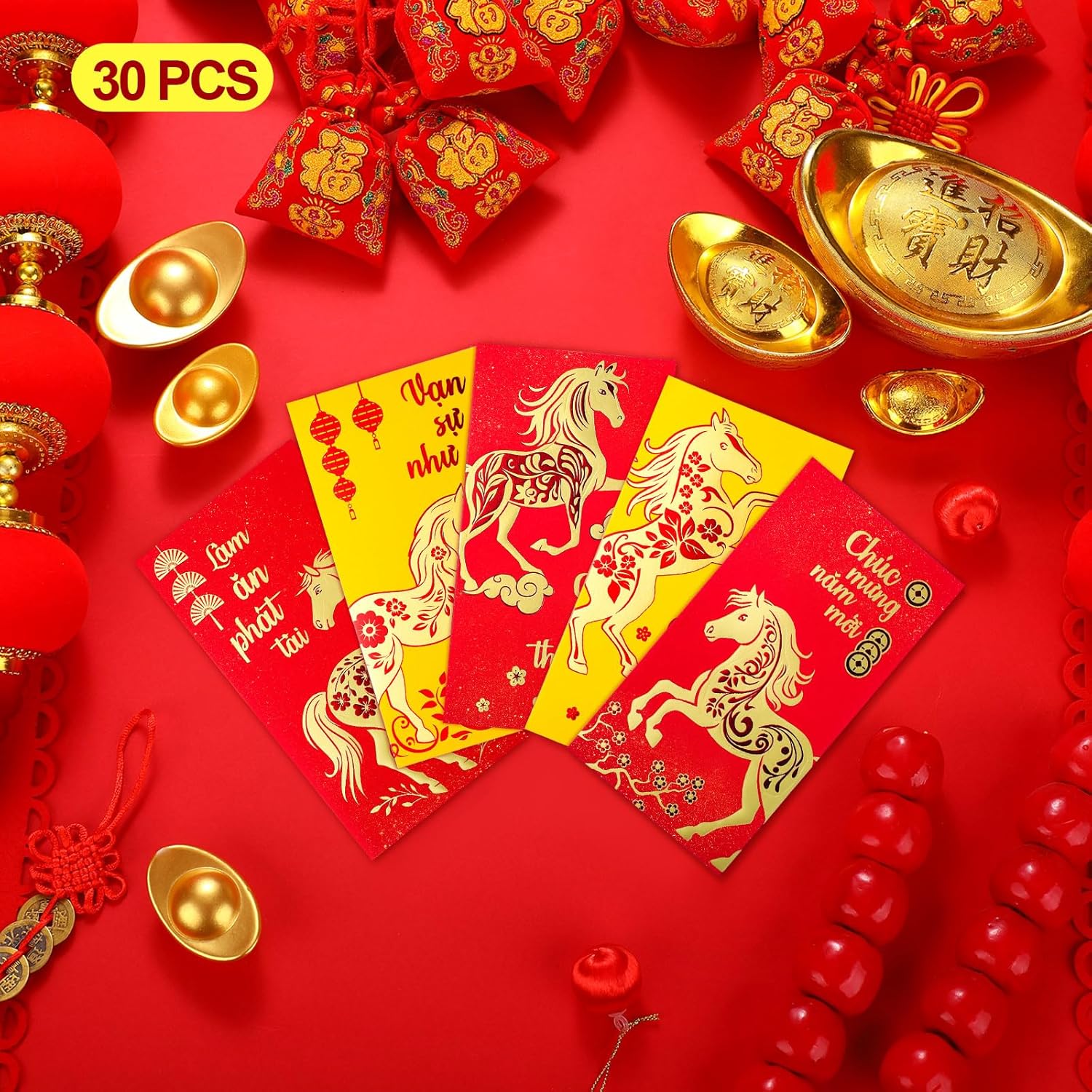 Zhanmai 30 Pcs Vietnamese New Year Red and Yellow Lucky Money Envelope Set 6.69 Inch x 3.54 Inch Various 5 Designs New Year Products for Gifts Family Friends (Year of the Horse)