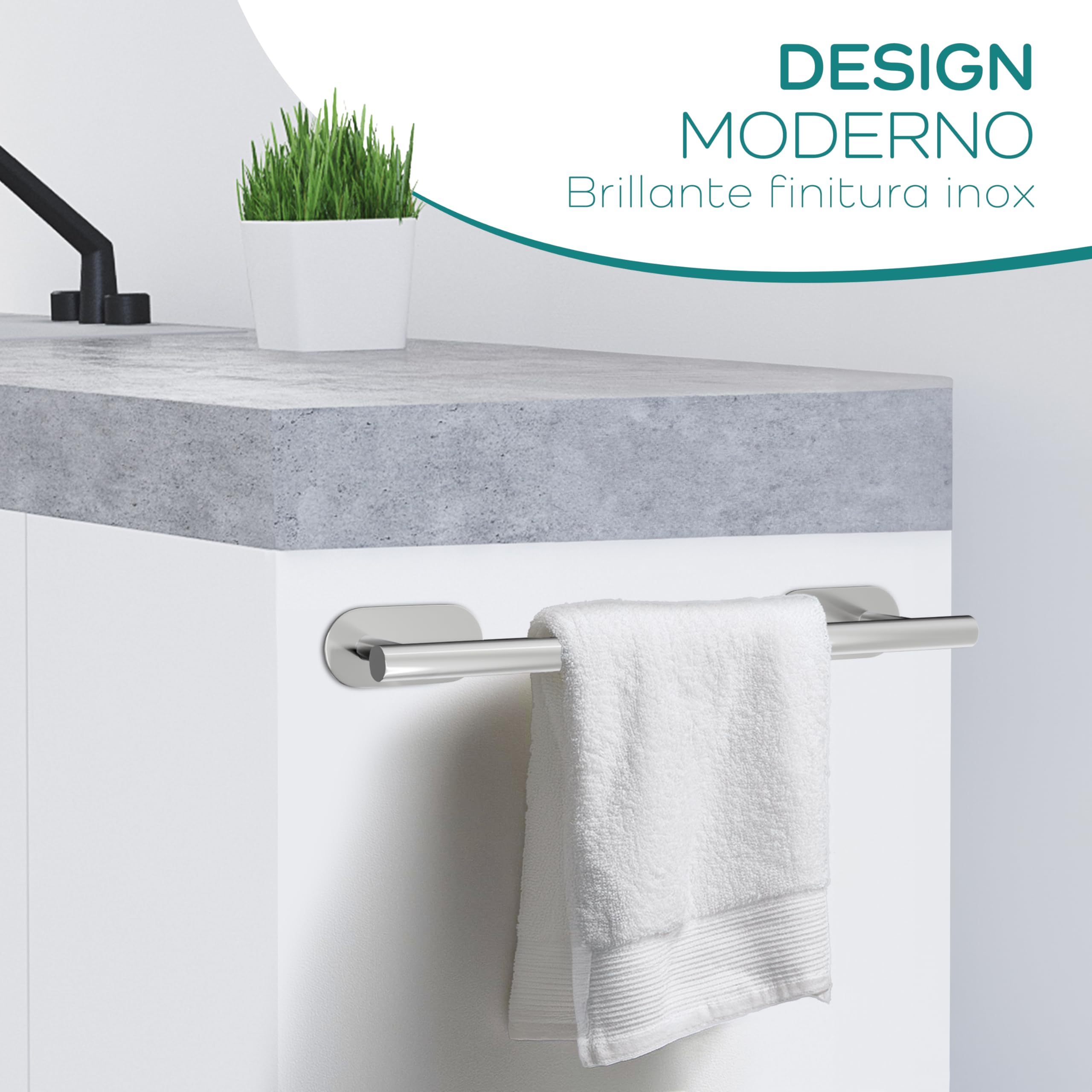 Porta Asciugamani Bagno in acciaio Inox Adesivo 40cm X 7,5cm - Appendi Asciugamani Bagno - Adesivo Extra Resistente