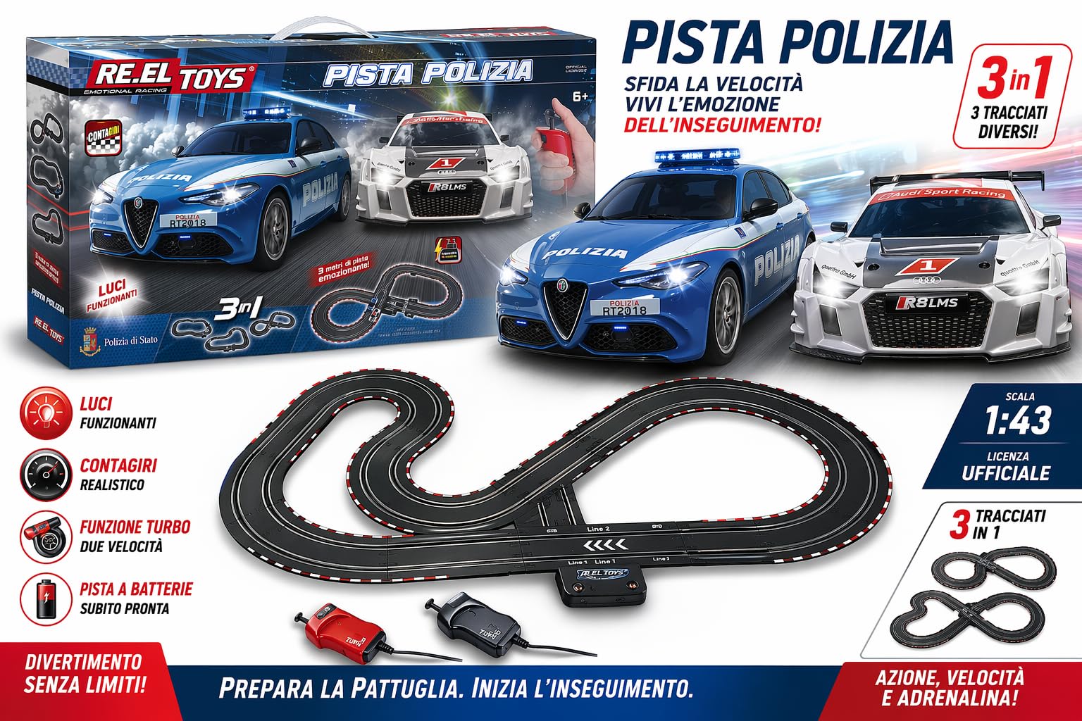 Pista elettrica macchinine telecomandate Pista Elettrica con 2 Slot Car Guardia e Ladri, Scala 1:43, Tracciato Lungo 3,08m, Licenze Ufficiali, Età Consigliata 6+ Anni