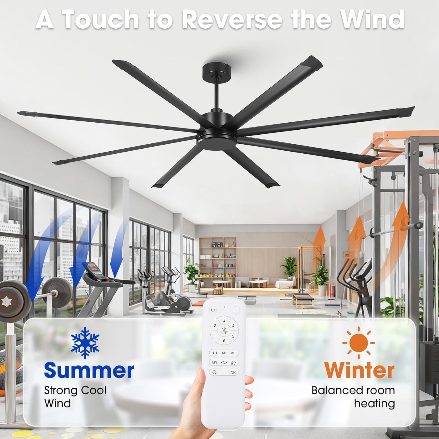 100 Inch Ceiling Fans without Lights, Big Industrial Black Ceiling Fan No Light with Remote Control, High Airflow Quiet Reversible DC Motor, 8 Aluminum Blades, Commercial Fan for Shop Gym Warehouse