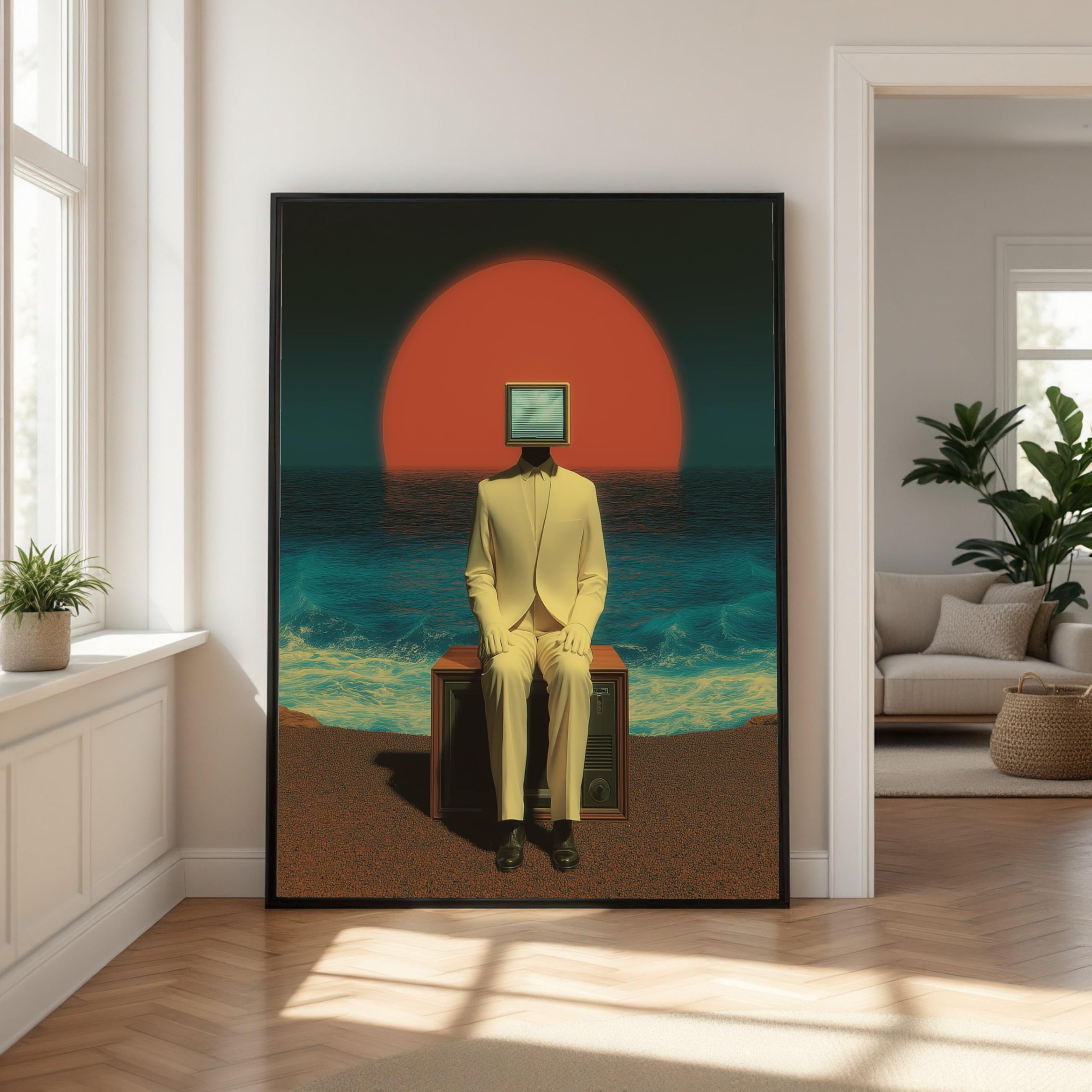 TONGYINLI Surreal Man Head Canvas Oil Painting, Retro Canvas Art Pictures, Red Sun Ocean Background, Abstract Wall Artwork(70x110cm/Frameless)