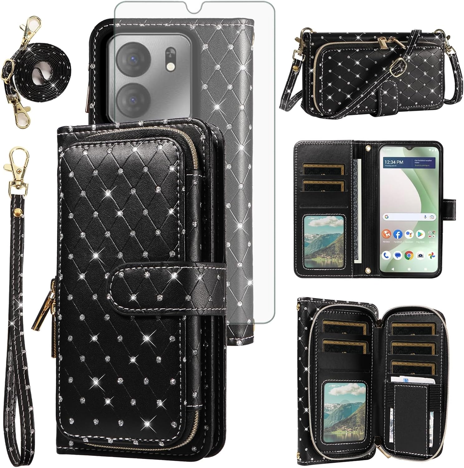 Asuwish Phone Cover for Tracfone BLU View 5 B160V Wallet Case Cell Zipper with Tempered Glass Screen Protector Crossbody Lanyard Strap Glitter Card Holder Trac Fone Blue View5 160V 2024 Women Black