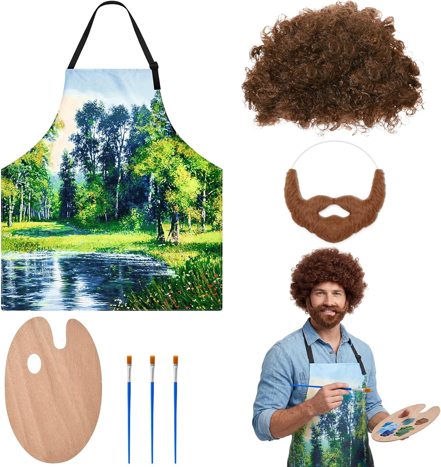 80s Painter Costume Set Brown Wig Moustache Wooden Paint Palette Brush for Halloween Couple Holiday Party Outfit