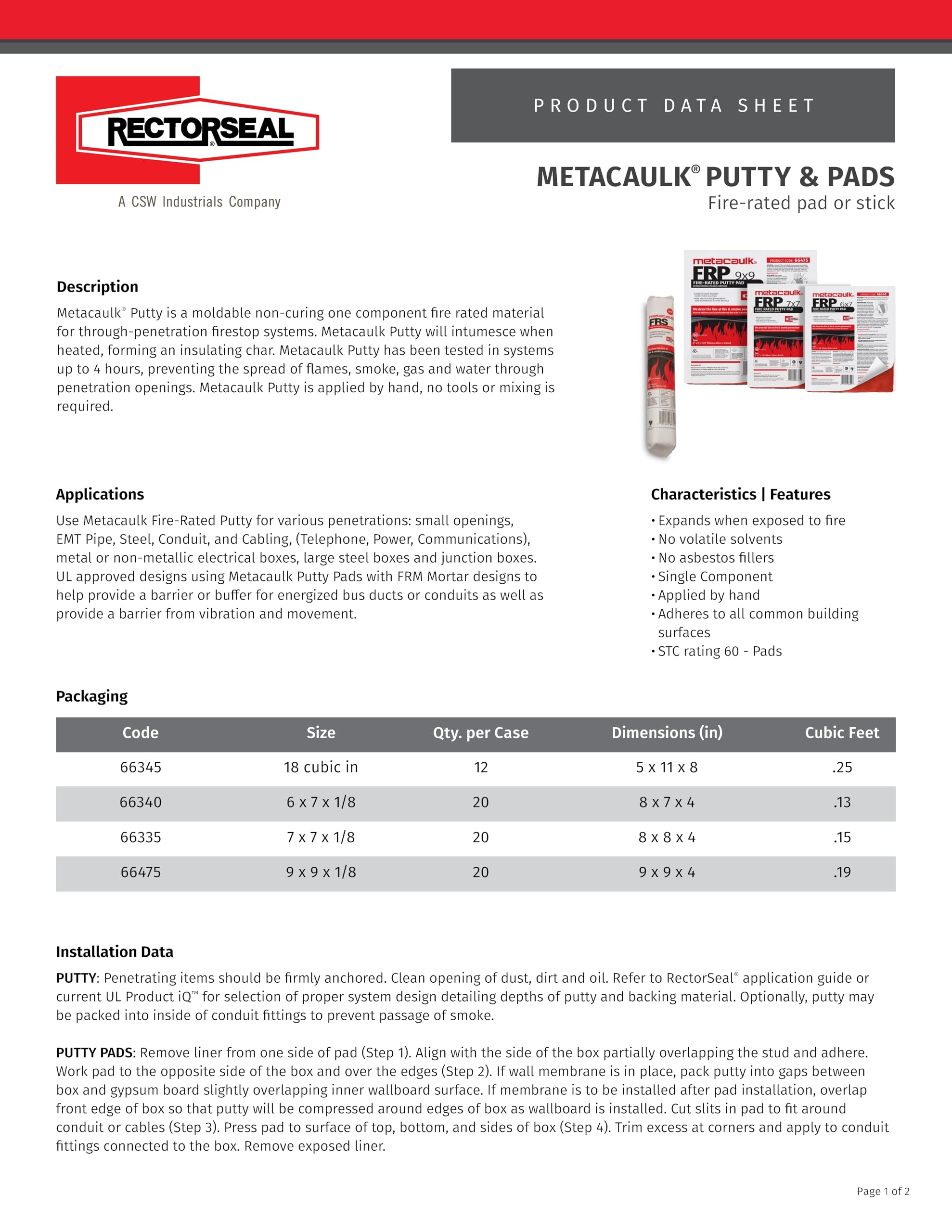 Rectorseal 66335 7-Inch by 7-Inch by 1/8-Inch Metacaulk Fire Rated