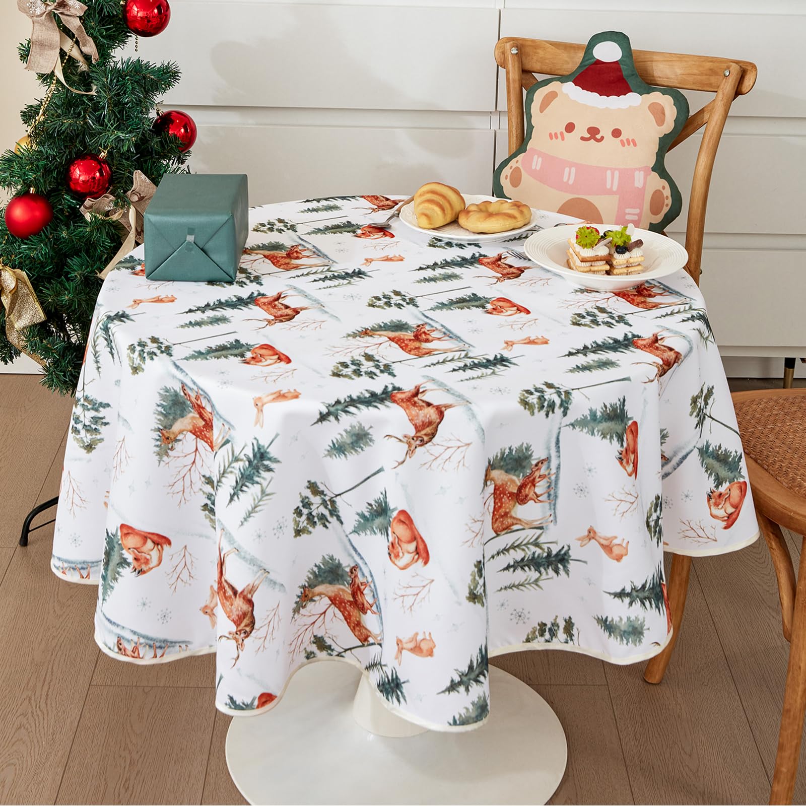 Mantel Navidad Tela, Manteles De Navidad Redondos Y Rectangular, Camino De Mesa Navidad, Mantel De Navidad Decoracion Mesa Navideños Elegantes Tablecloth Adornos Lavable (Cedro, Φ140 cm)