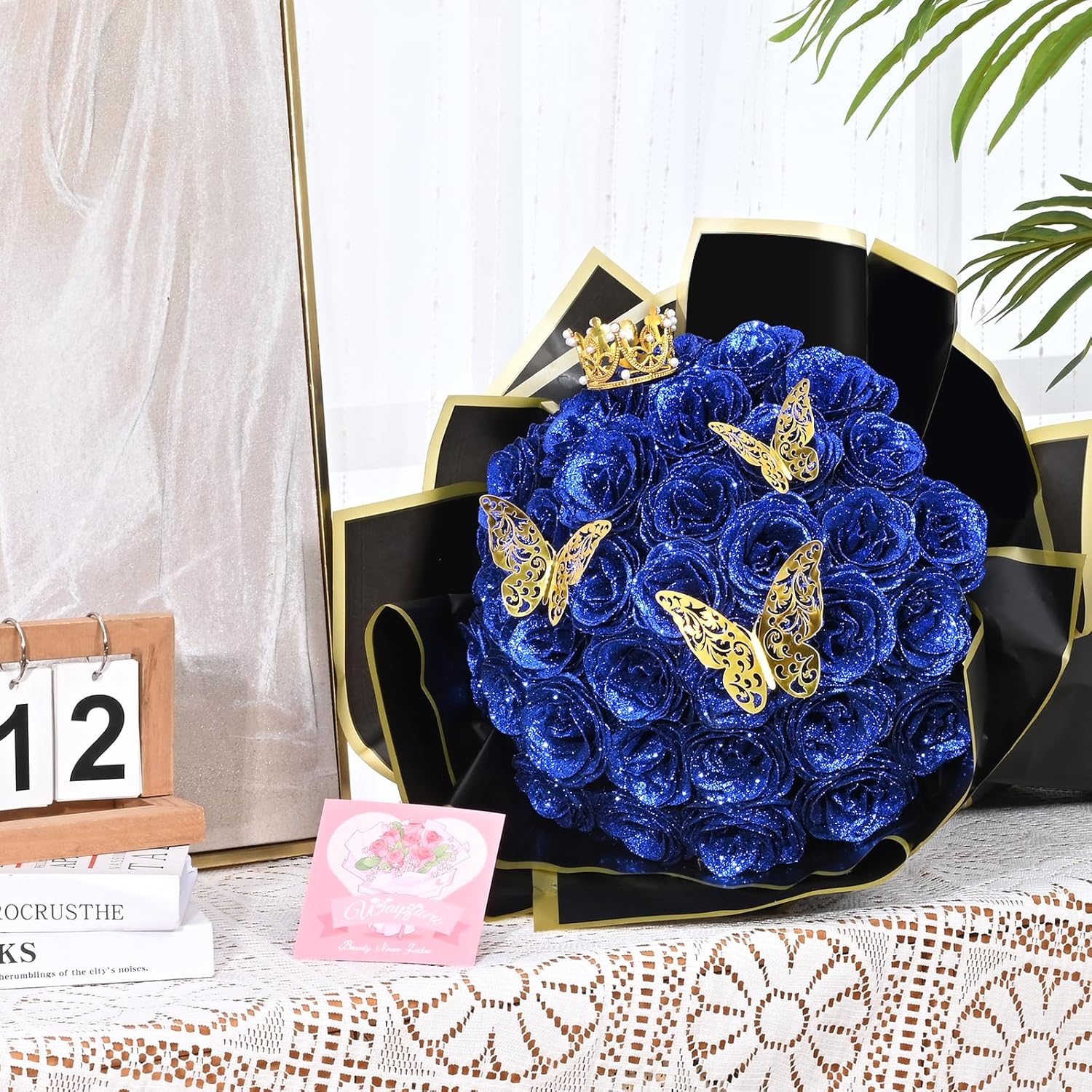 Waipfaru Blue Glitter Roses Bouquet, DIY Flowers Bouquet, Birthday Gifts for Women Mom Grandma Wife Girlfriend, 24 Pcs Fake Rose for Valentines, Mothers Day, Anniversary, Graduation Gifts - Image 8