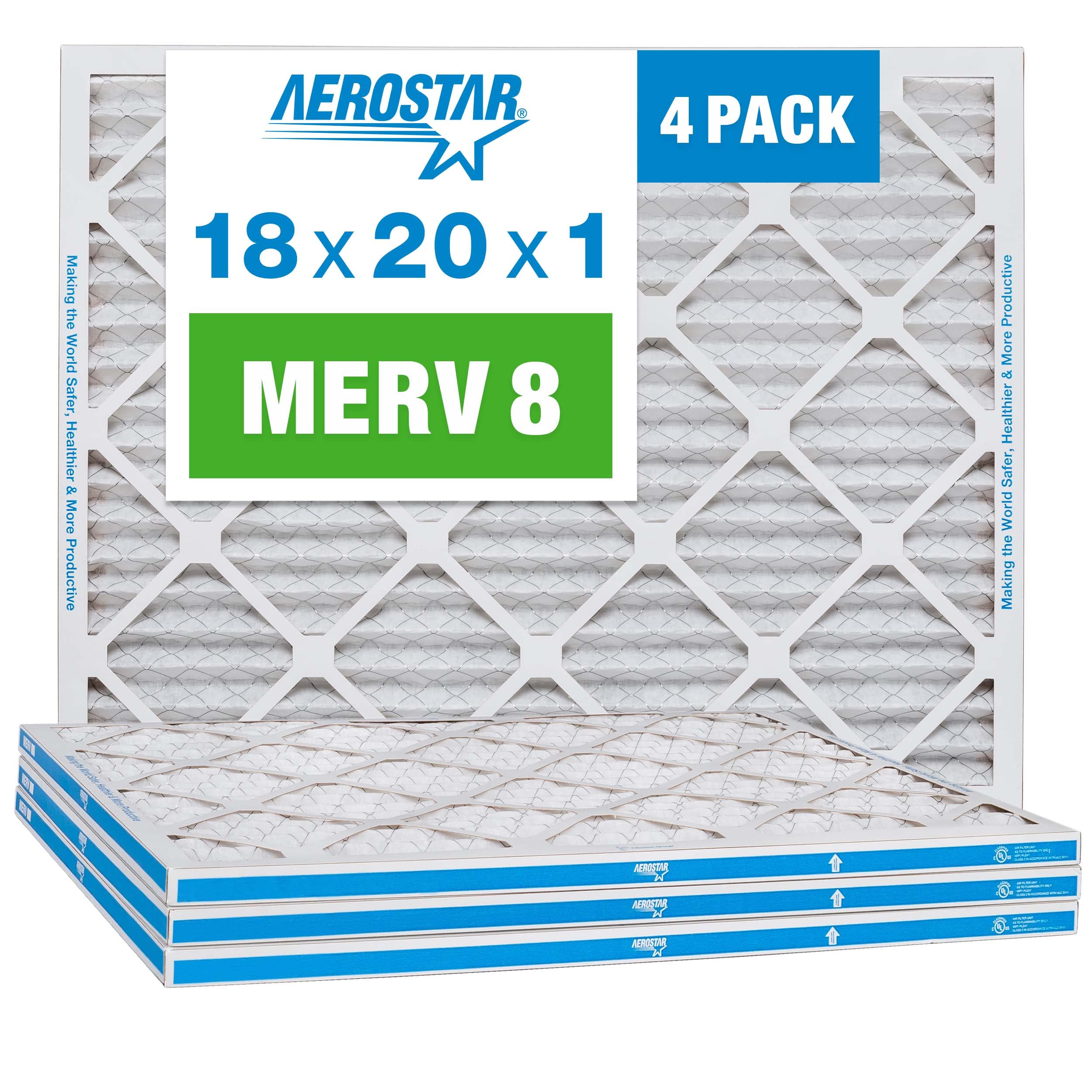 Aerostar 18x20x1 MERV 8 - 4 Count - High Efficiency Pleated HVAC, Furnace & Air Conditioner Filters - Removes Dust, Lint, Mold & Allergy-Causing Pollen