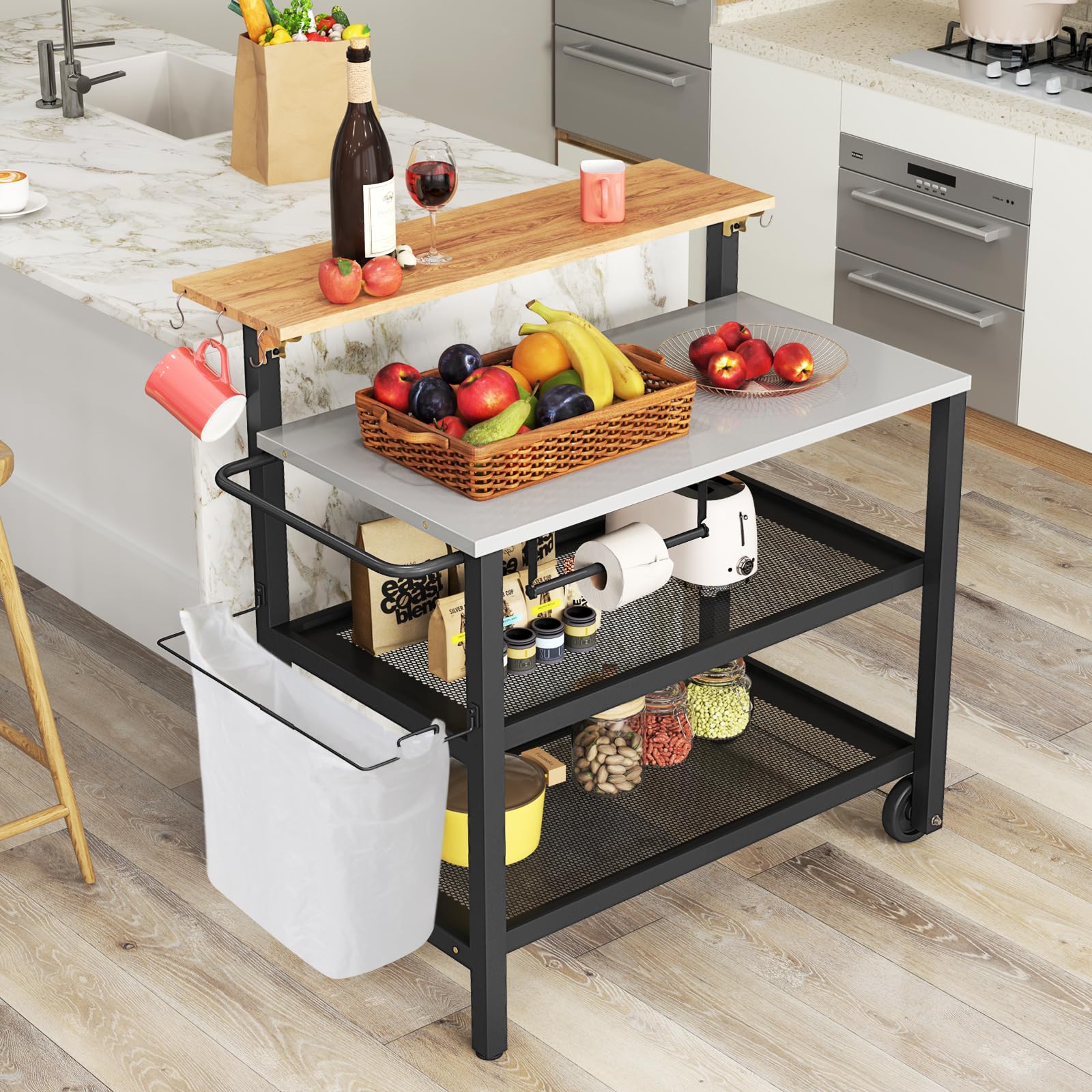 GIANTEX Carro de Cocina Multifuncional 4 Niveles, Carrito de Servicio con Tablero Plegable, Portarrollos de Pañuelos, Portabolsas y Ganchos, 2 Ruedas, Carro de Barbacoa para Patio, Balcón