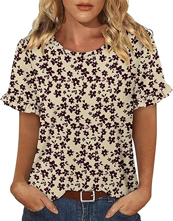 CRAZY GRID Women's Shirts Summer Casual Crewneck Ruffle Short Sleeve Blouses Cute Floral Print Tunic Tops