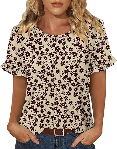 CRAZY GRID Women's Shirts Summer Casual Crewneck Ruffle Short Sleeve Blouses Cute Floral Print Tunic Tops