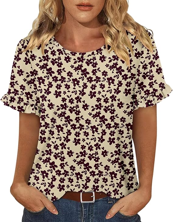 CRAZY GRID Women's Shirts Summer Casual Crewneck Ruffle Short Sleeve Blouses Cute Floral Print Tunic Tops