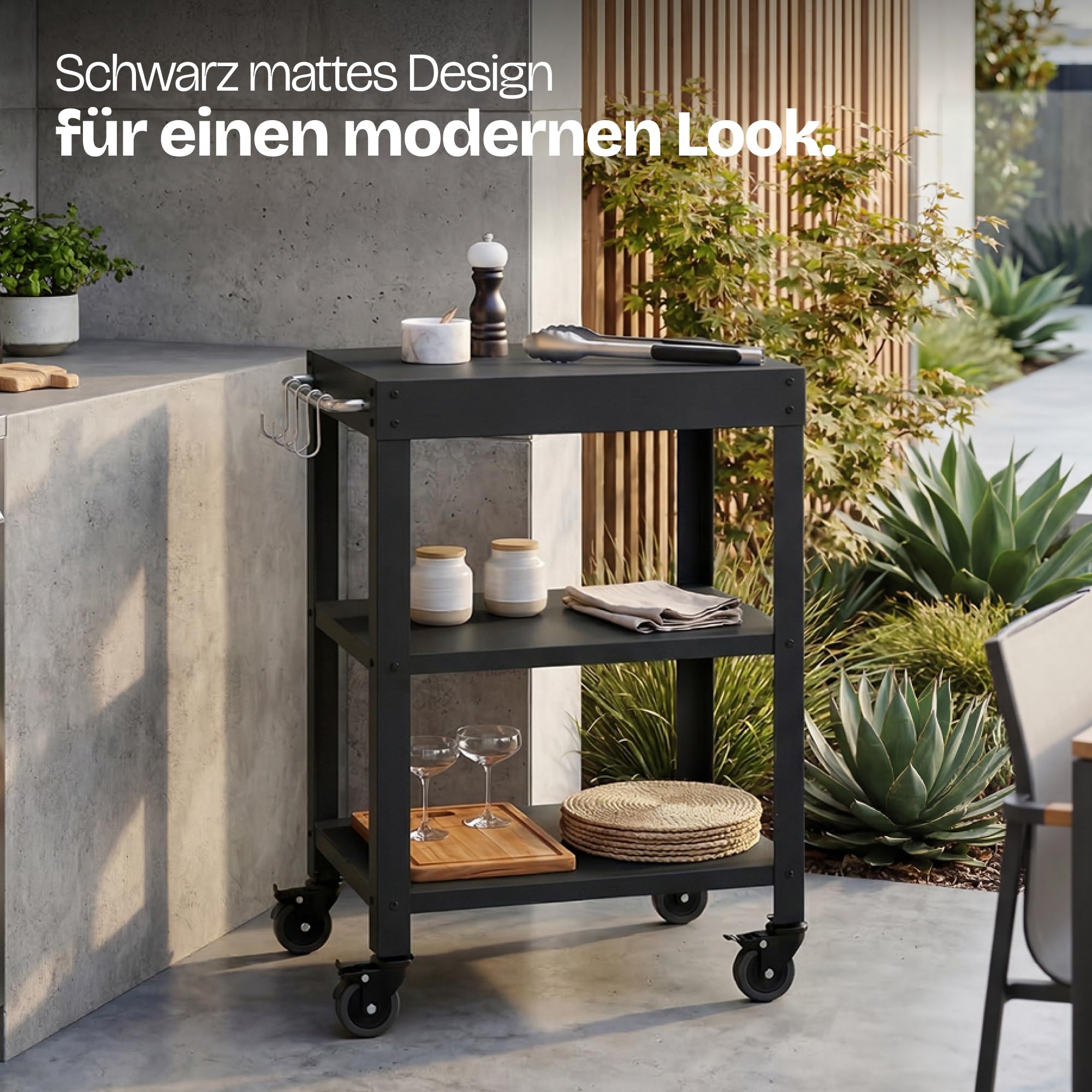 casa.pro Outdoor Servierwagen Bolognano Garten Rollwagen Stahl 81 x 50 x 50 cm Grillwagen mit 4 Haken Rollen mit Feststellbremsen Schwarz matt