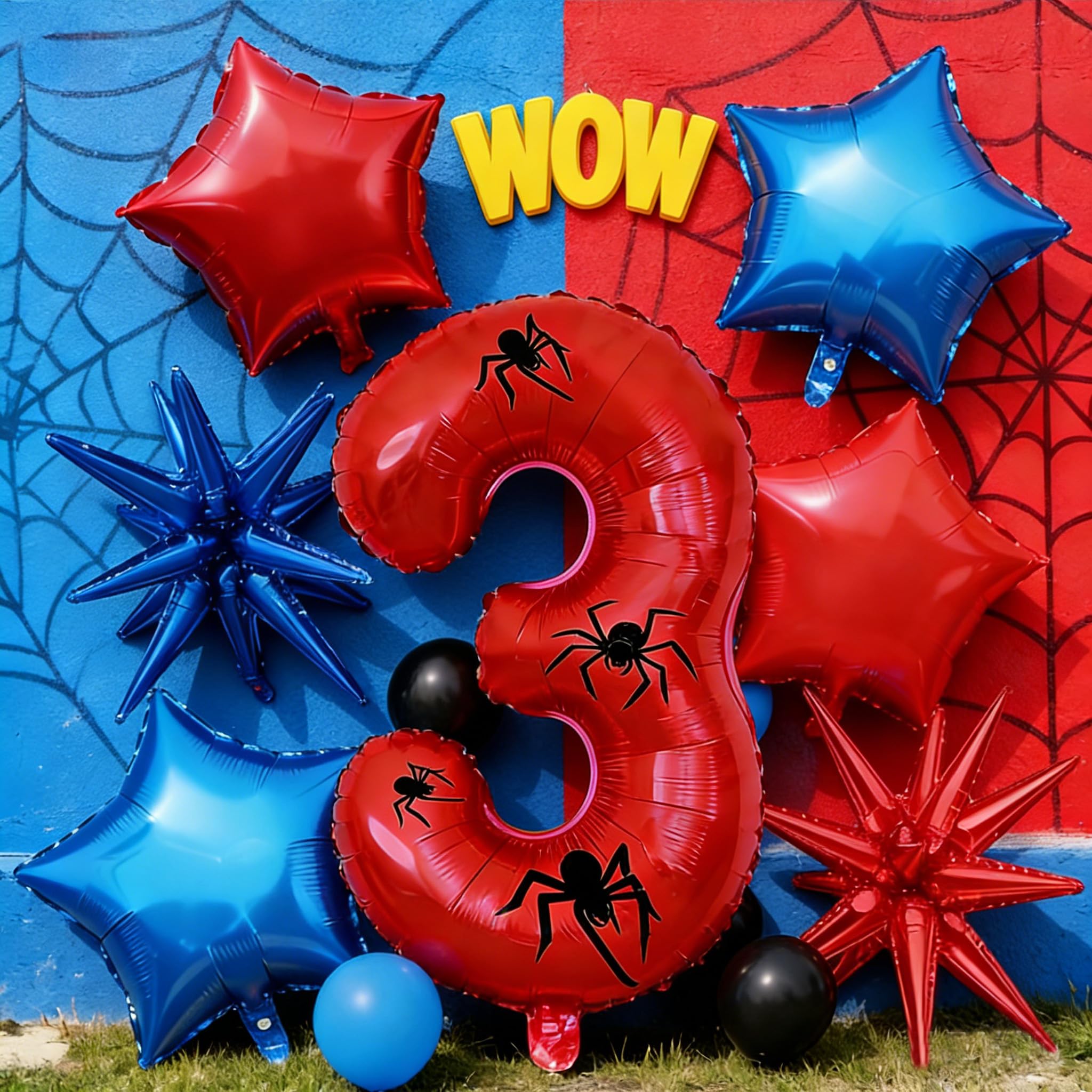 Red Blue Spider Themed Birthday Balloon Decorations with Number 3 Foil Balloon for Adults Spider Party Birthday Party Decorations Party Suppiles (number 3)