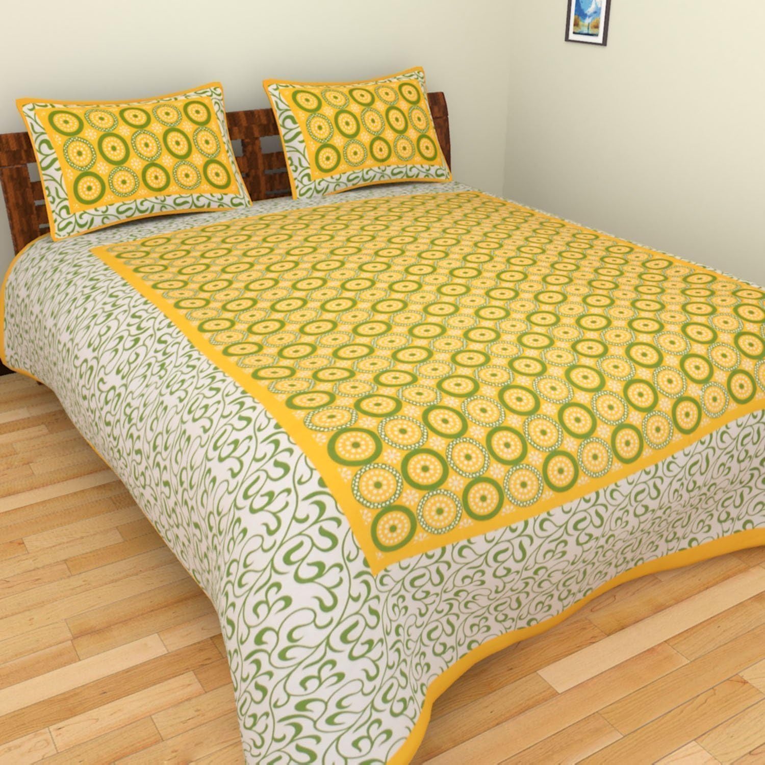 BedZone Cotton Printed 200 TC Bedsheet (Queen, Yellow)
