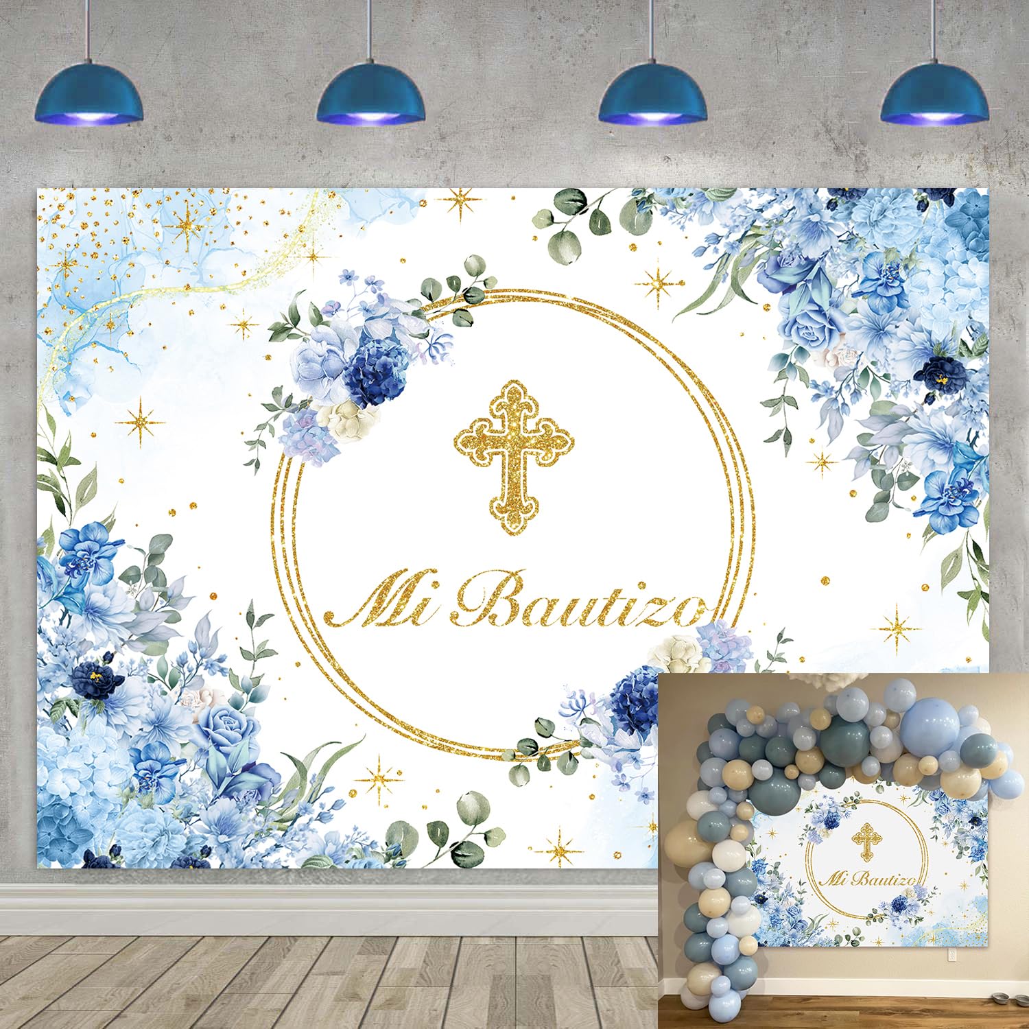 Mi Bautizo Backdrop First Holy Communion Baptism Christening Party Decorations Banner Blue Floral Glitter Gold Dot Newborn Baby Shower Photography
