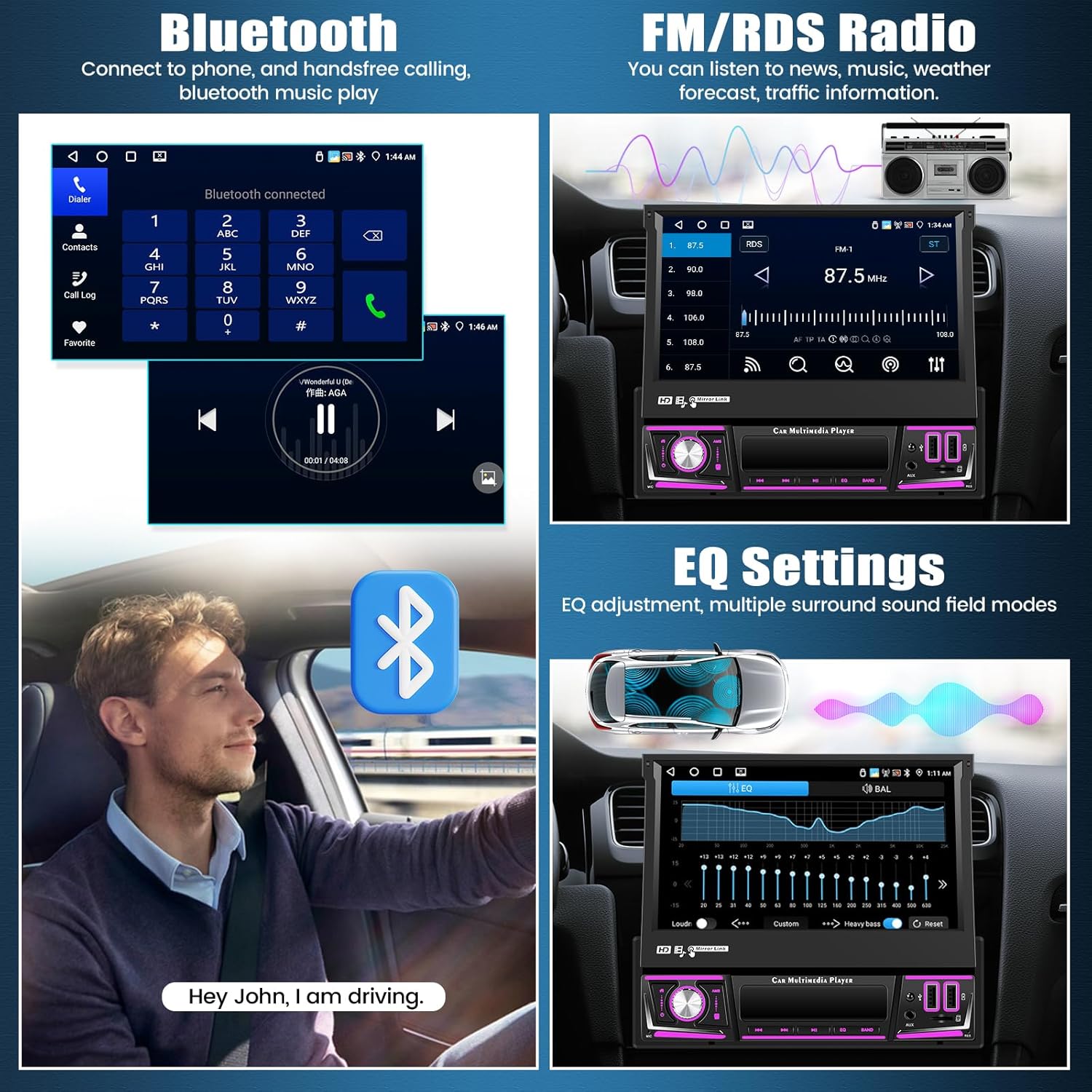 Split image showing Bluetooth connection for hands-free calling and music playback, and FM/RDS radio interface with station tuning.