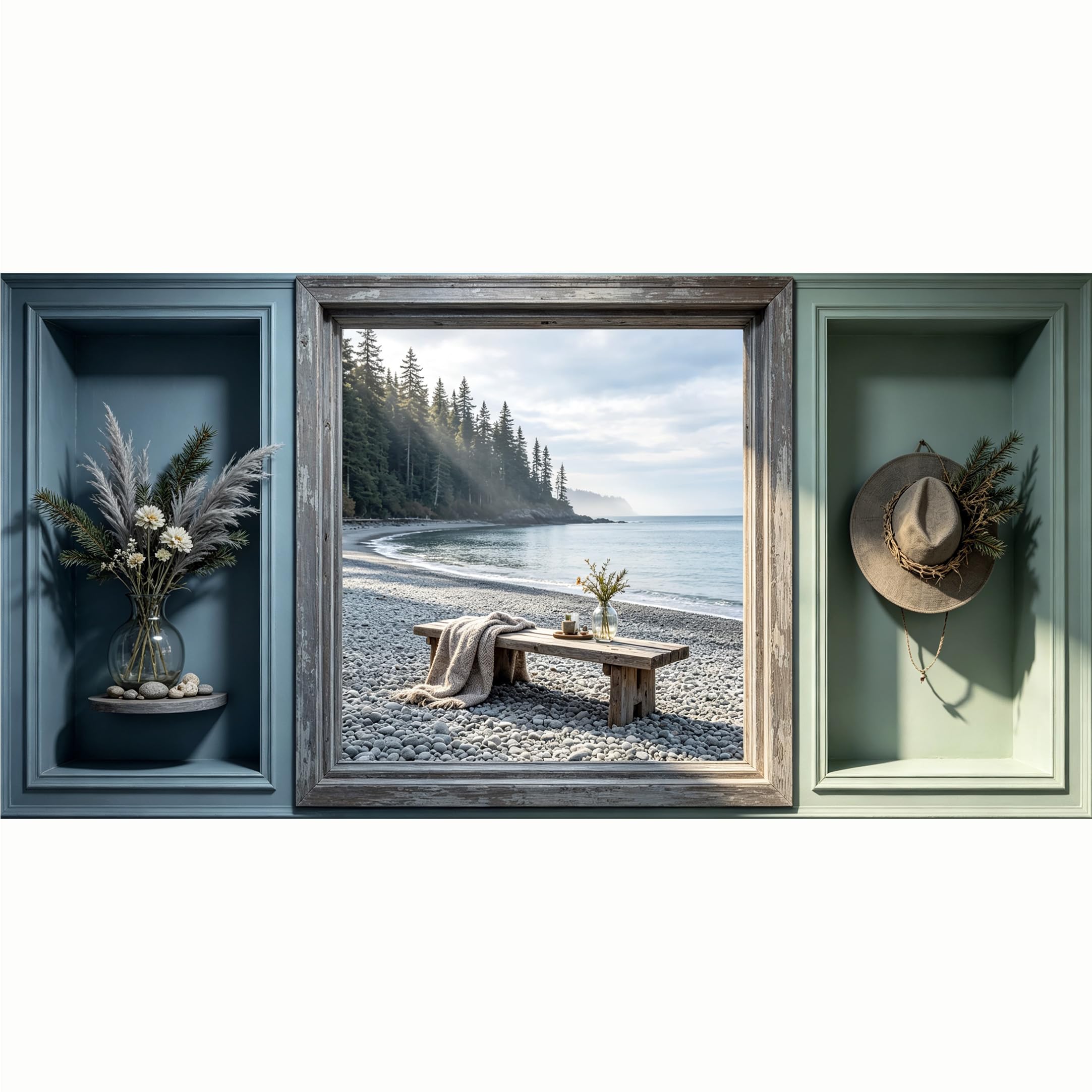 QZLITHOTIC 50x100cm 3D Framed Wall Art， Coastal Landscape Forest Beach Bench SelfAdhesive Mural， WaterActivated Peel & Stick Fabric Decor Wall Decal for Bedroom Living Room