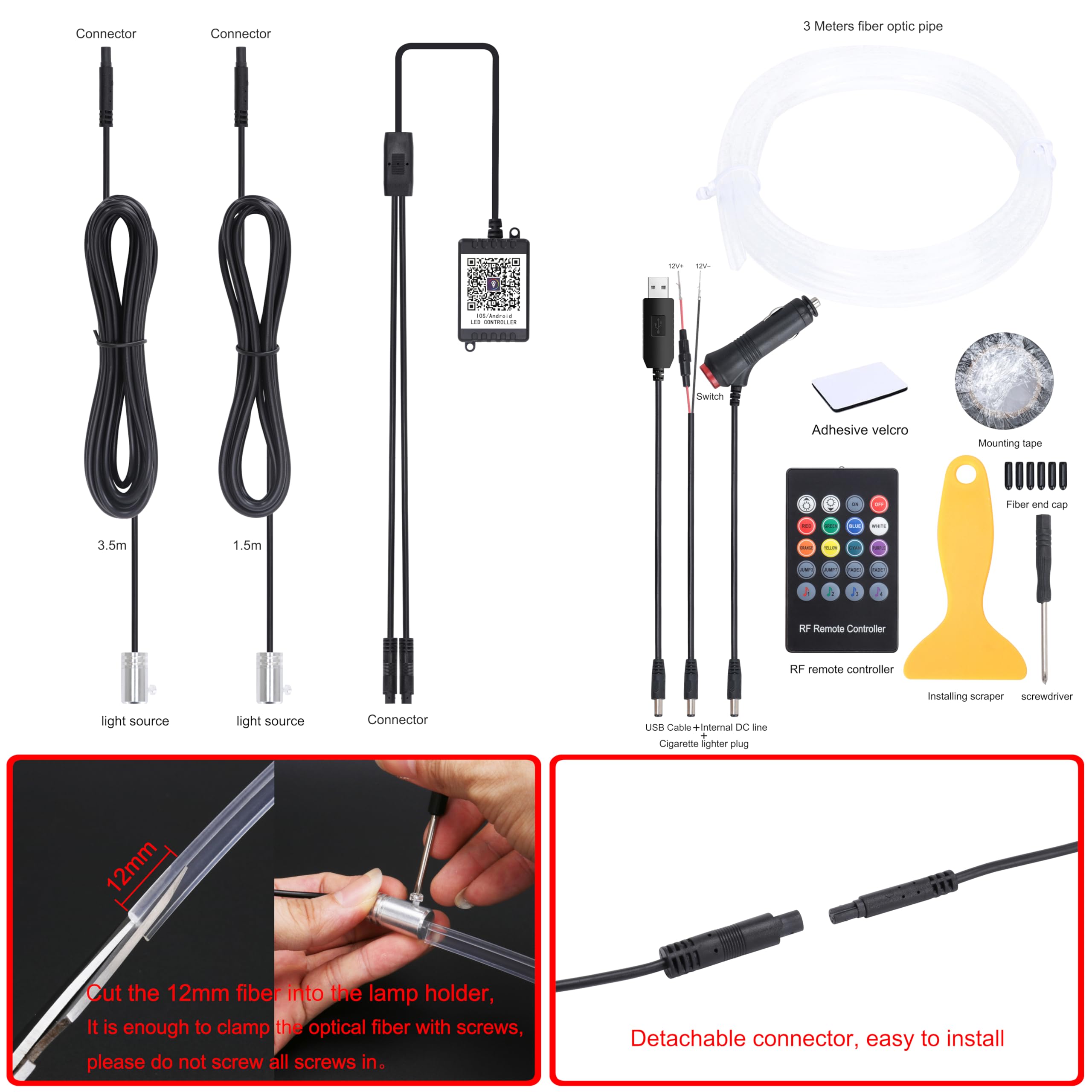 QAUBEN Car Ambient Lighting 64 Colors Multicoloured Music Optic Fiber Cable RF Remote + APP Control Car DIY Decorative Atmosphere Lighting DC 12V 1W 3m