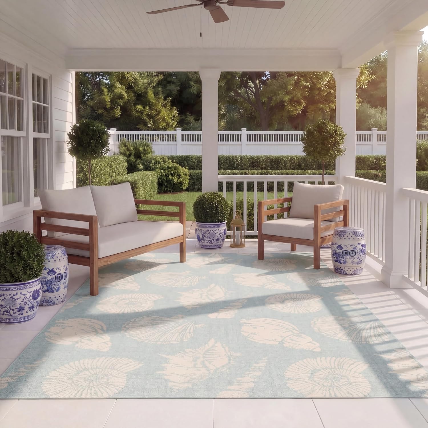SAFAVIEH Washable Rug Outdoor Courtyard Collection - 4' x 5'7", Aqua Blue & Beige, Non-Shedding & Easy Cleaning, Ideal for Patio, Backyard, Mudroom (CY6239-21321)