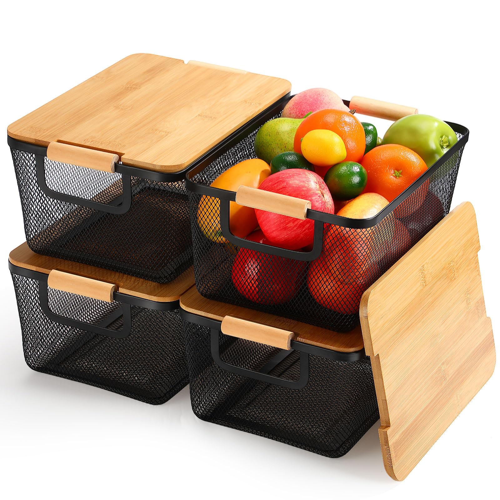 Geelin 4 Pcs Black Metal Wire Basket with Wooden Handles and Bamboo Lids 12.2" x 8.27" x 5.5" Mesh Steel Basket Stackable Storage Bins Organizer