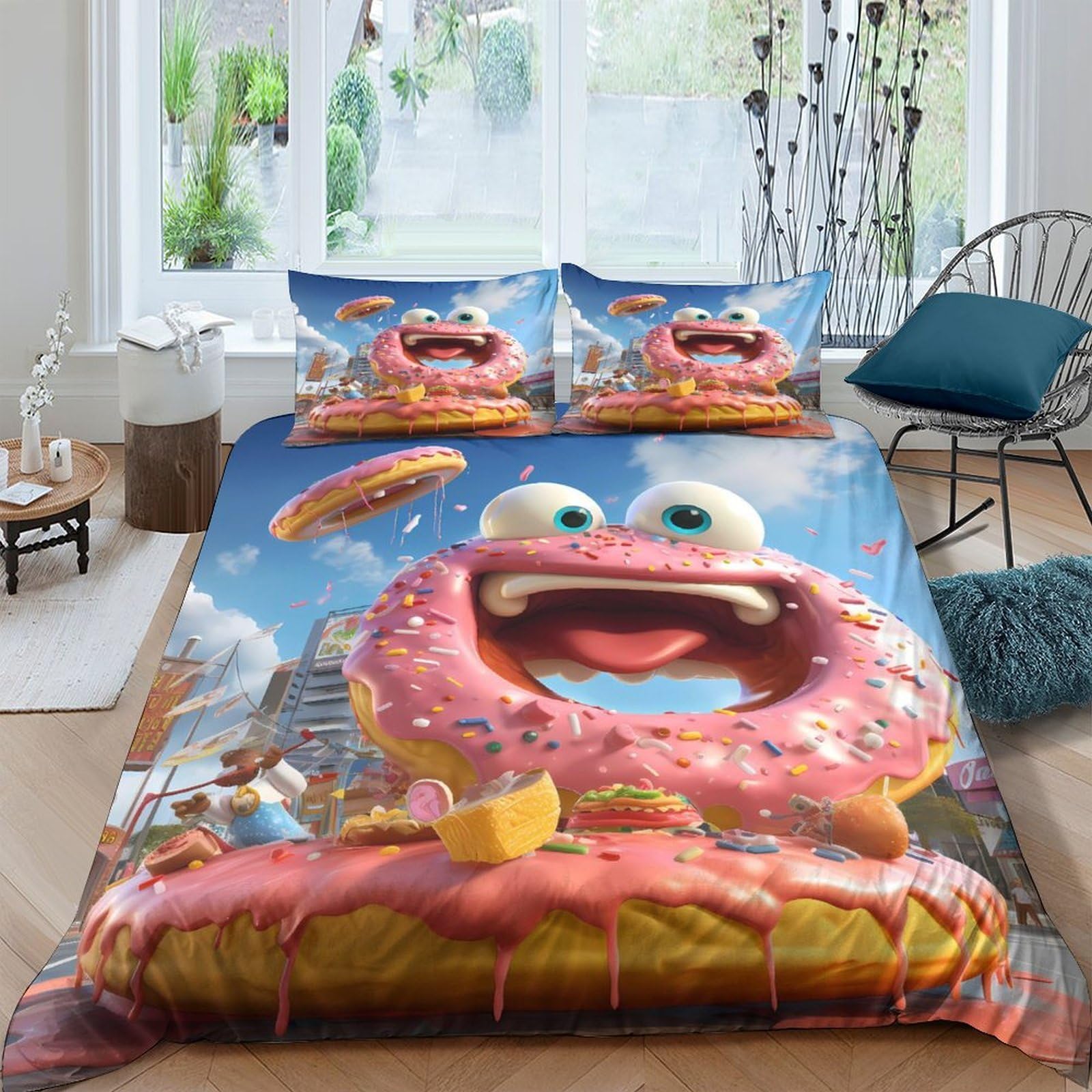 Ctjqhvkz Style-10 3D Printed Cartoon Donut Fitted Sheet Microfiber Fun Colorful Monster Bed Cover For Bedroom Dorm Mattress Decor Single（135X200cm）