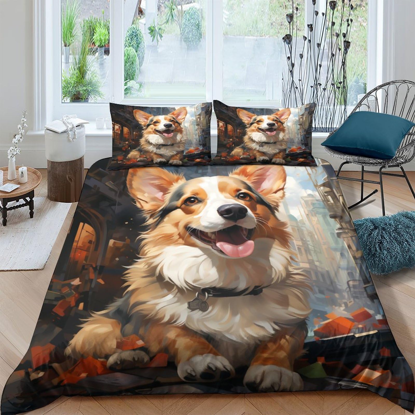 Housse de couette parure de lit enfant corgi 3D 3 pièces avec fermeture
