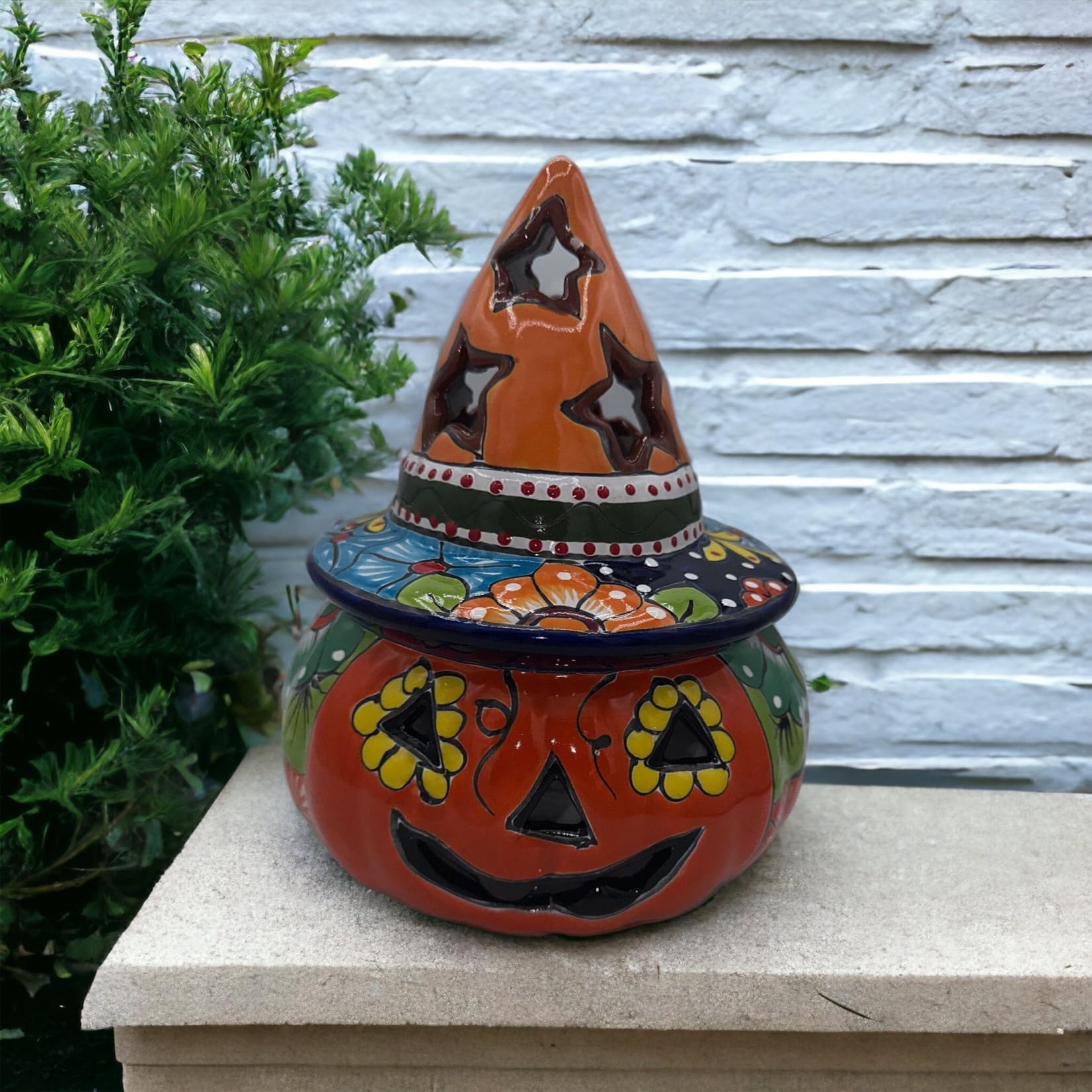 Handmade Talavera Jack-O-Lantern Pumpkin with Witch Hat - Halloween Decor