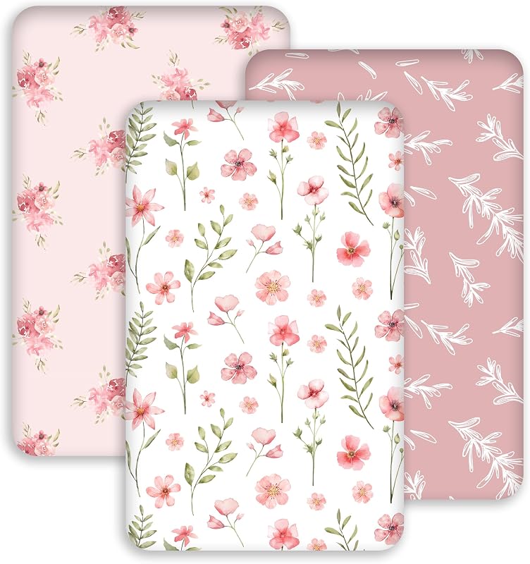 3 Pack Bedside Bassinet Sheets Girl & Boy 33" x 20" Rectangle | for Baby Delight, Newton, Airclub, Maxi Cosi, Angelbliss, Dream on Me, Mika, Harppa, Amke, Ezebaby Mattress, Pink Floral