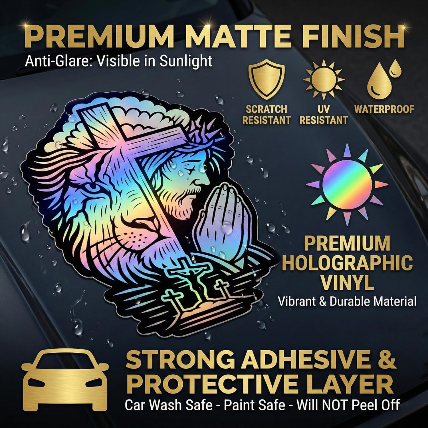 Premium Holographic Lion of Judah Cross Car Decal - Jesus Praying Christian Bumper Sticker - Waterproof Matte Vinyl Religious Faith Gift for Men Women Pastors - Image 2