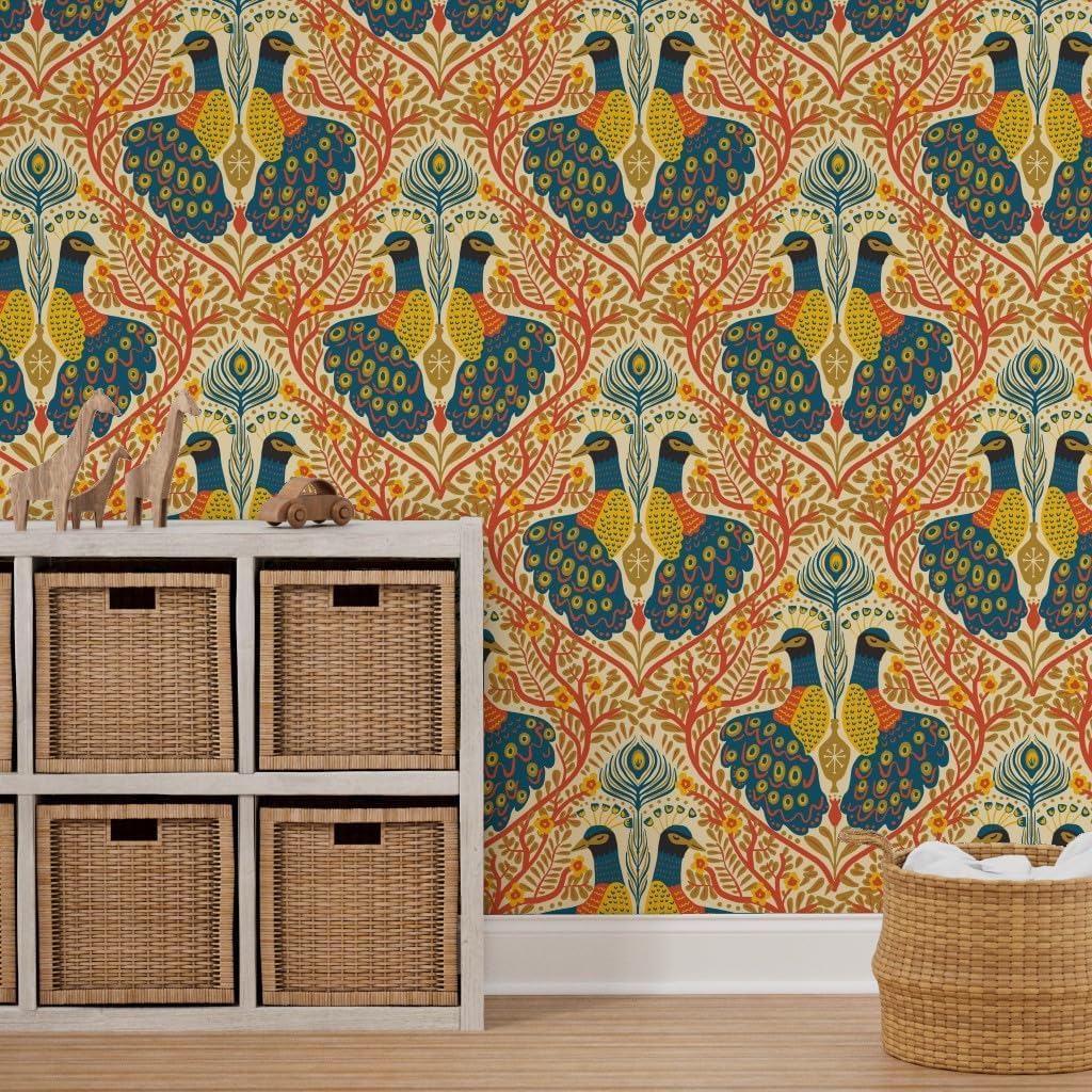 Spoonflower Peel & Stick Wallpaper 3ft x 2ft - Boho Peacock Art Nouveau Maximalist Warm Rust Orange Large Scale Colors Teal Blue Exotic Animal Custom Removable Wallpaper