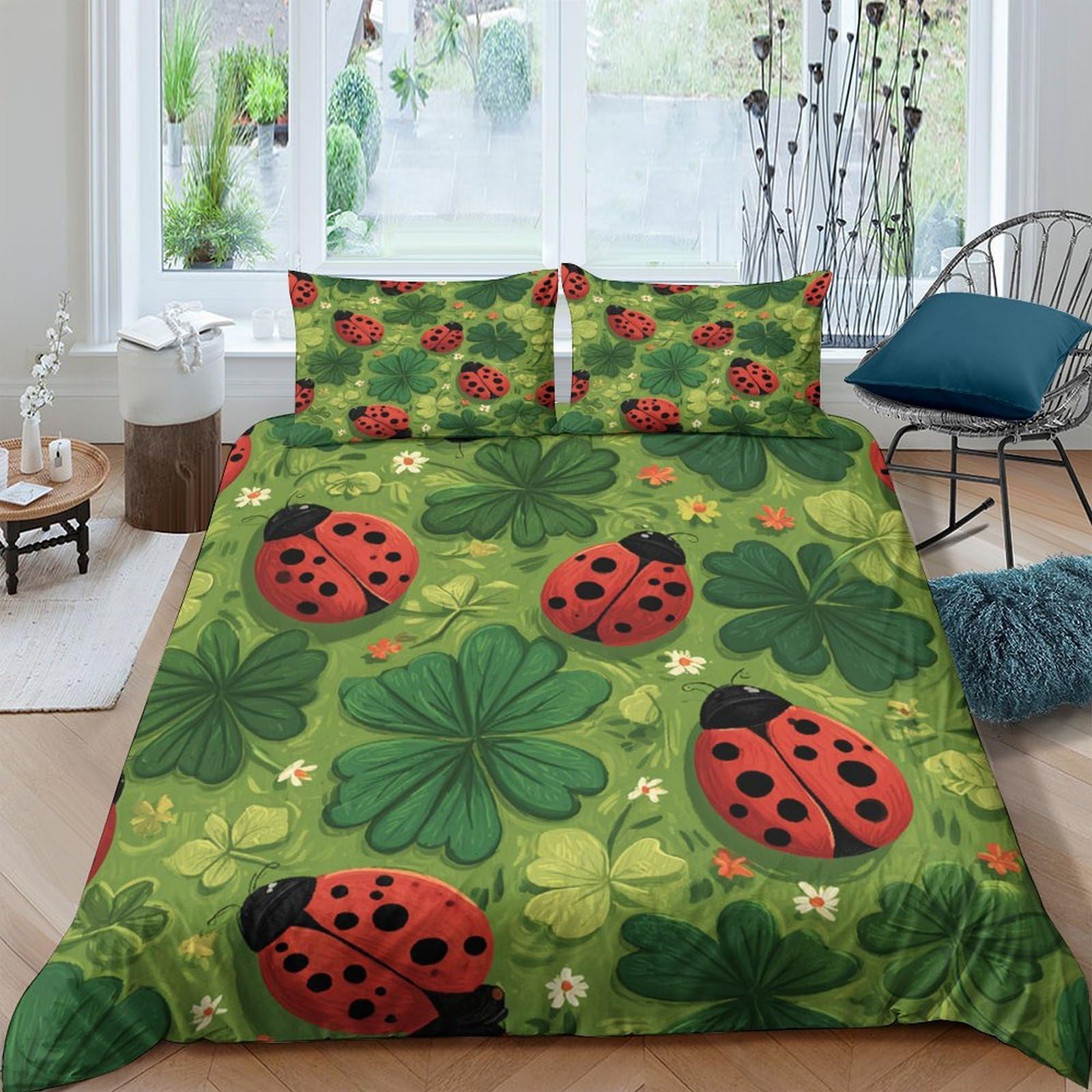 Ctjqhvkz Style-6 3D Printed Ladybug Clover Fitted Sheet Microfiber Soft Green Bed Cover For Bedroom Dorm Mattress Decor Single（135X200cm）